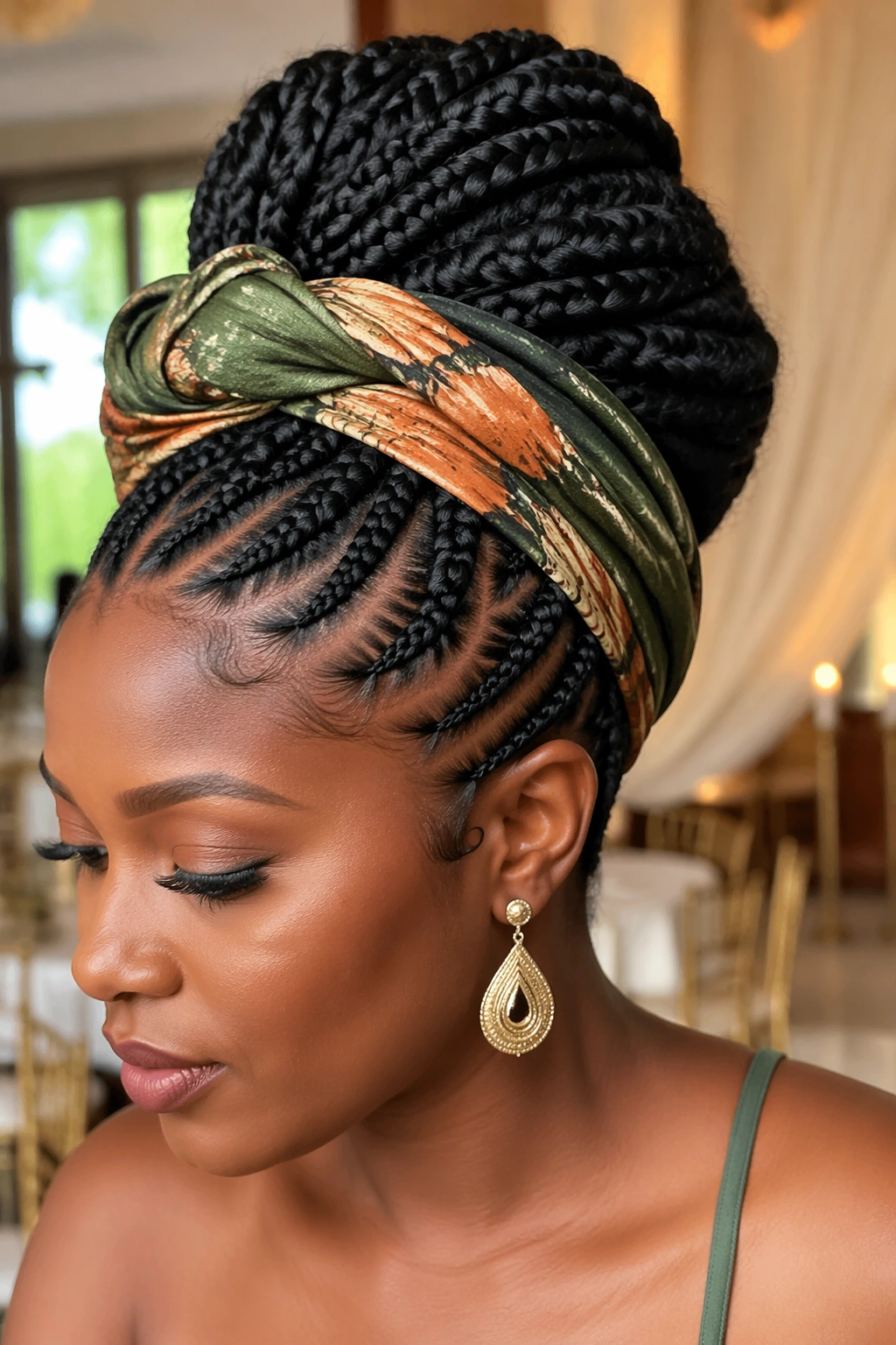 Close-up of cornrow updo with headwrap accent on a real person