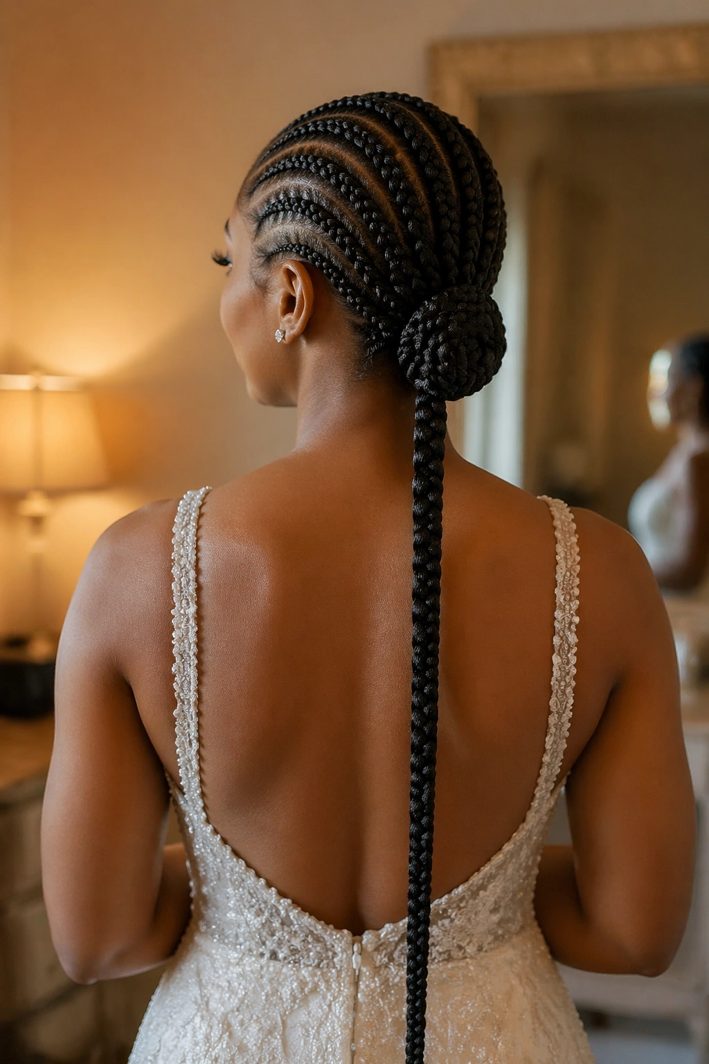 Portrait of cornrow updo with a long braid trail on a real person