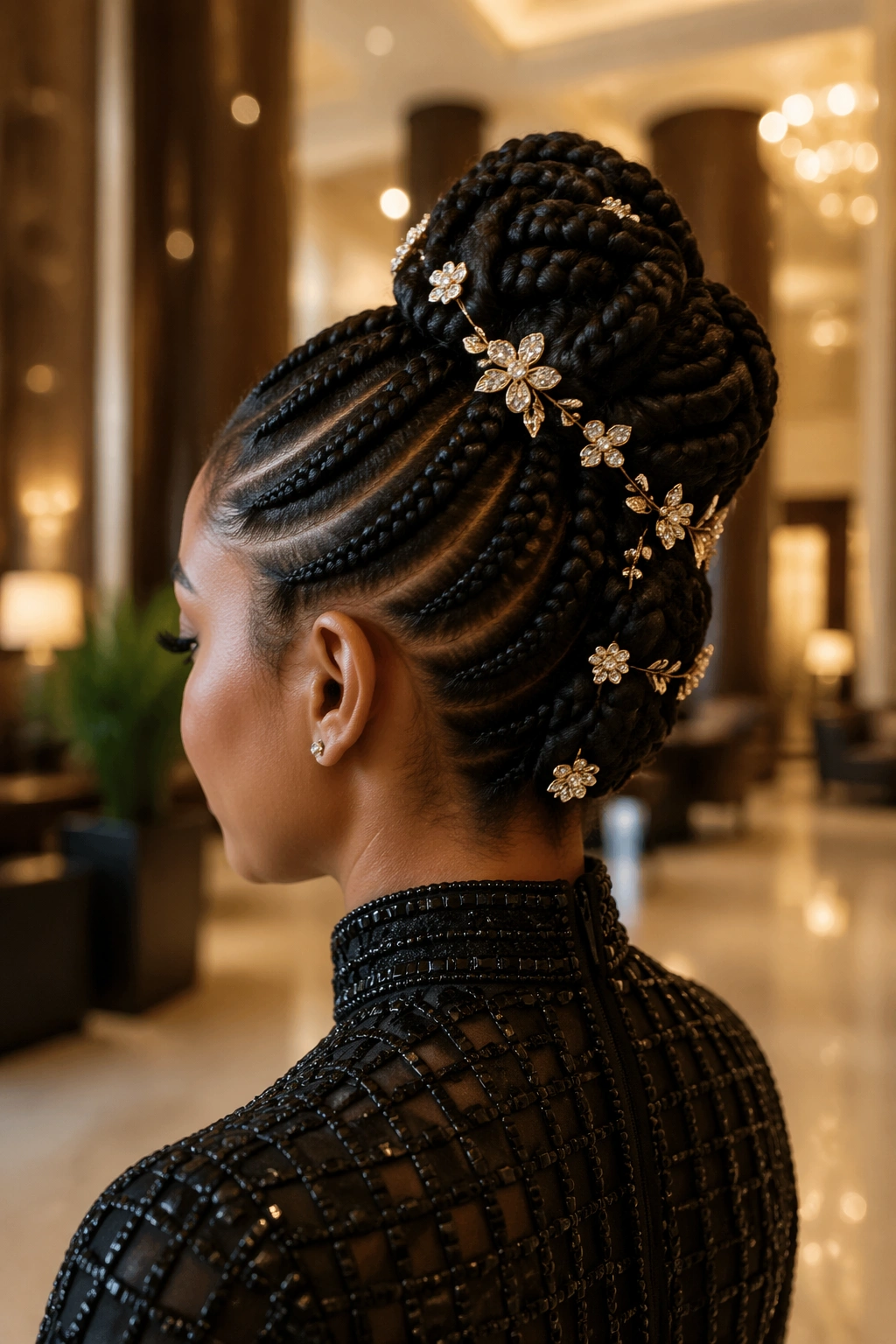 Three-quarter rear view of a real woman wearing a cornrow updo with decorative pins.