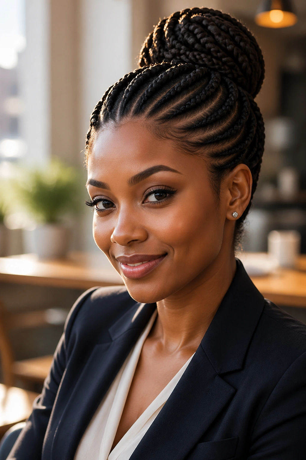Portrait of a real person with a neat cornrow updo in a professional setting