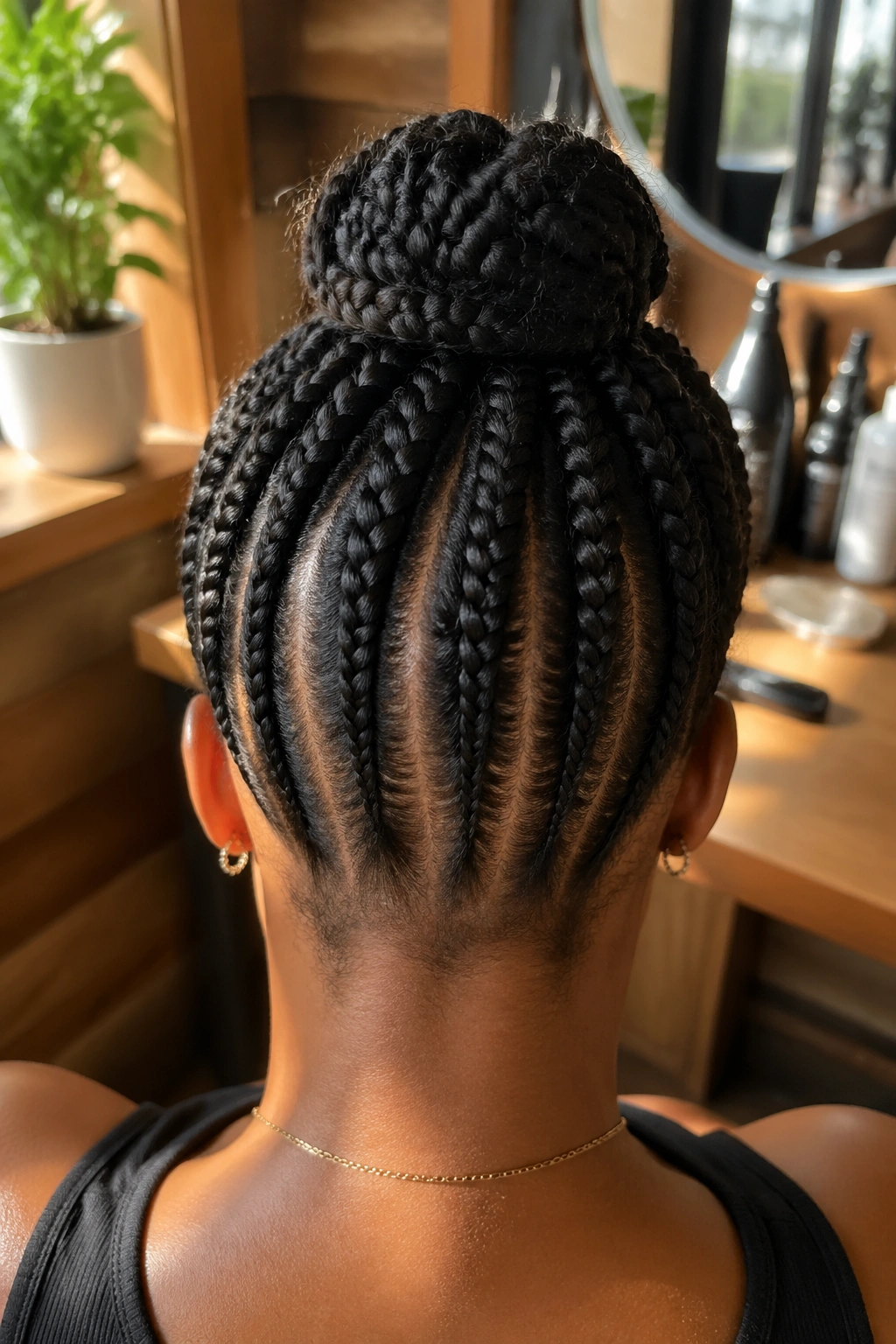 Back view of real woman with cornrow updo showing visible scalp and neat rows