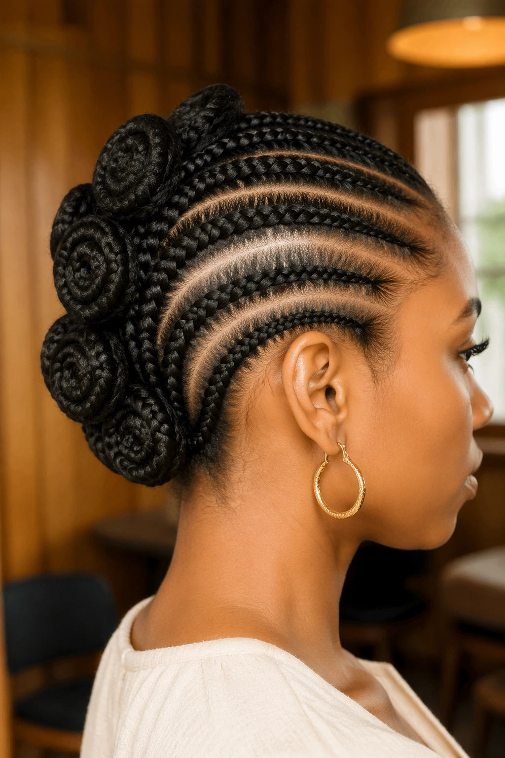 Close-up of cornrow updo with rolled sections