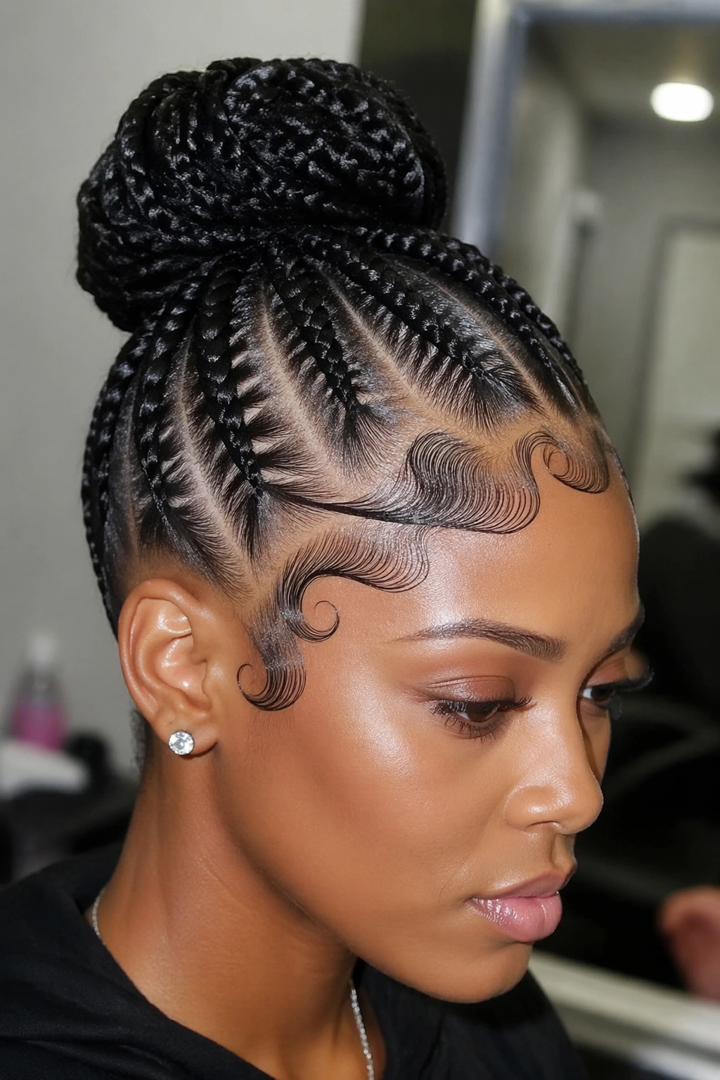 Close-up of cornrow updo with sculpted edges on a real person
