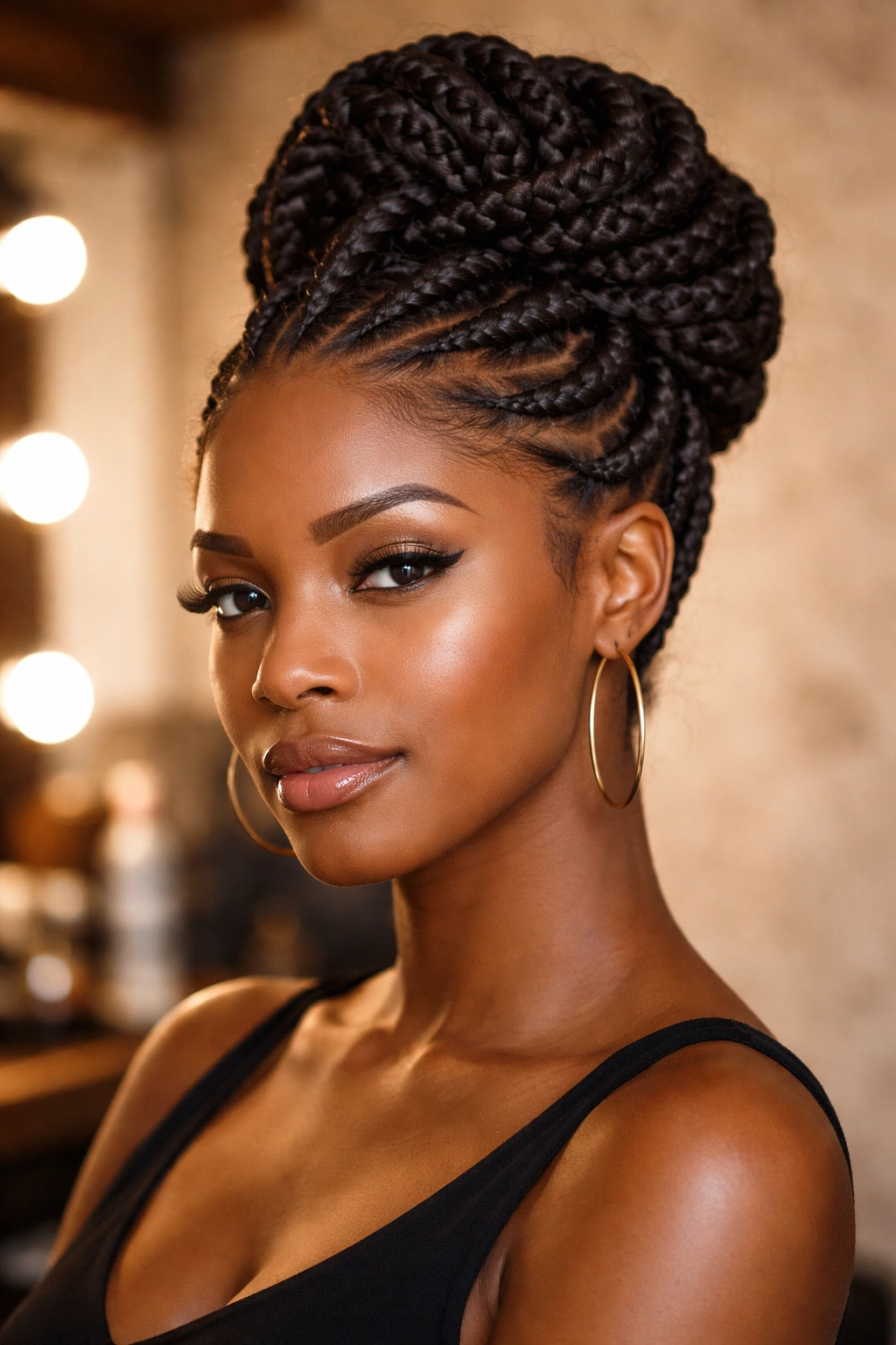 Close-up portrait of a real woman with an intricate cornrow crown updo.