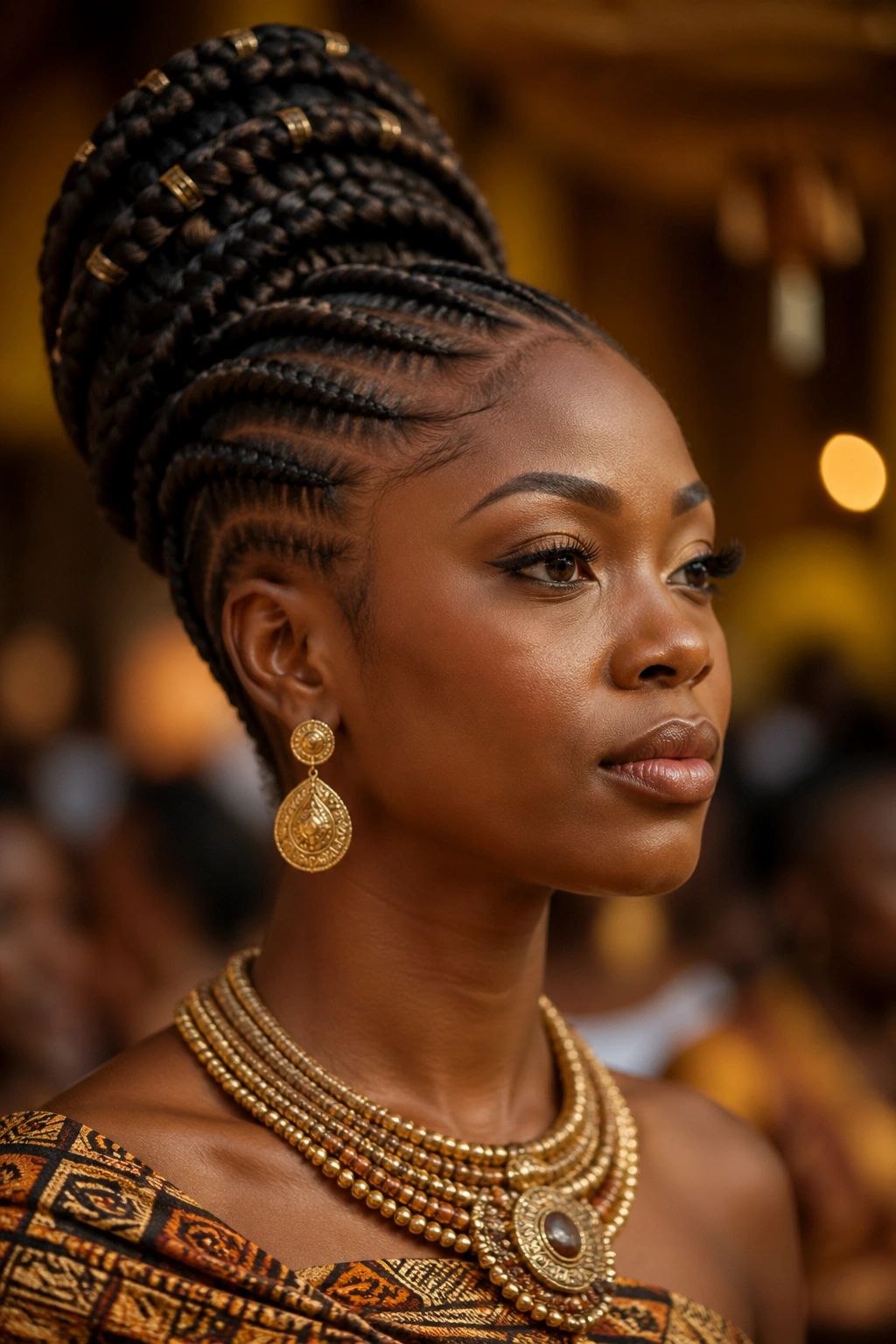 Close-up portrait of a woman wearing a high cornrow updo inspired by African royal traditions.