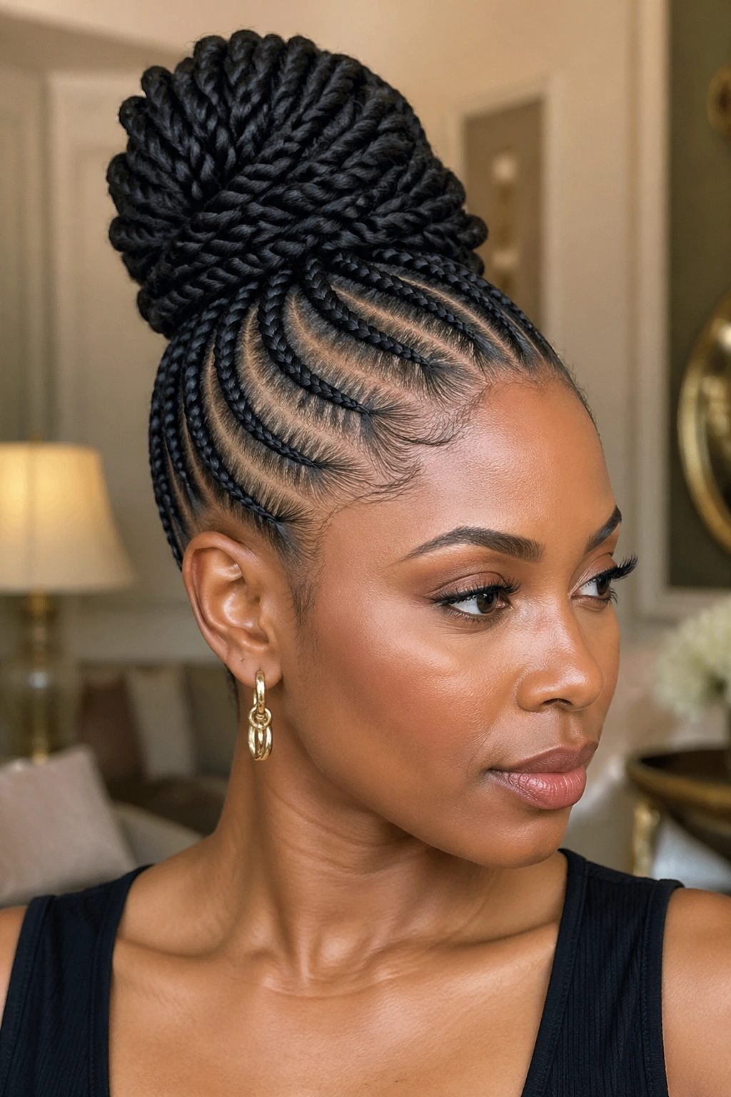 Cornrow updo with twist bun on real woman, crown hairstyle
