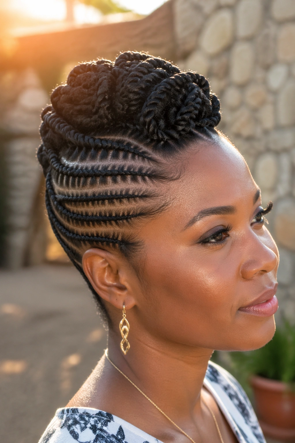 Close-up portrait of a real woman with cornrows and a twisted top section at the crown.