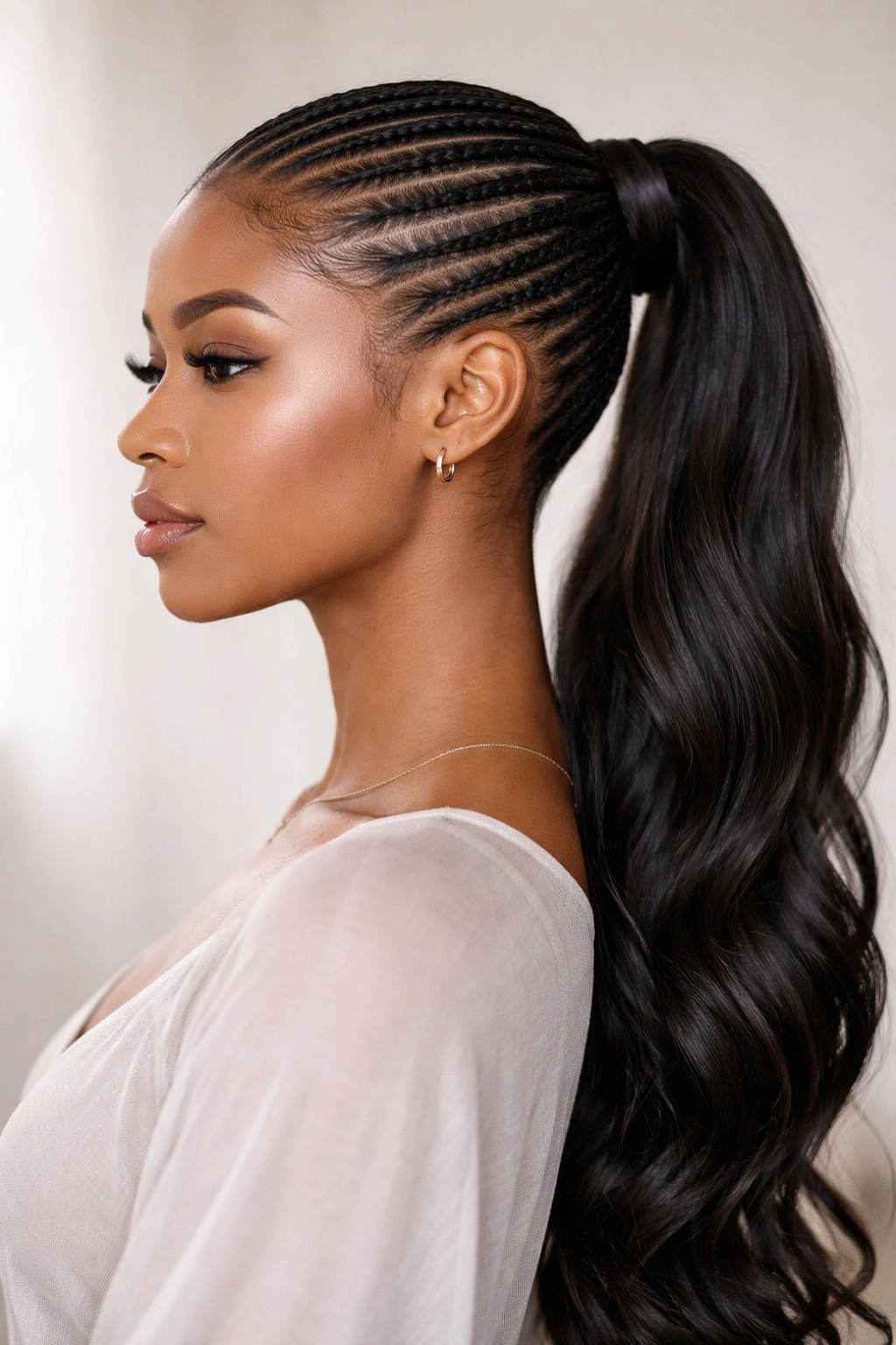 Close-up of cornrow-front weave ponytail with thin front cornrows and a long flowing tail