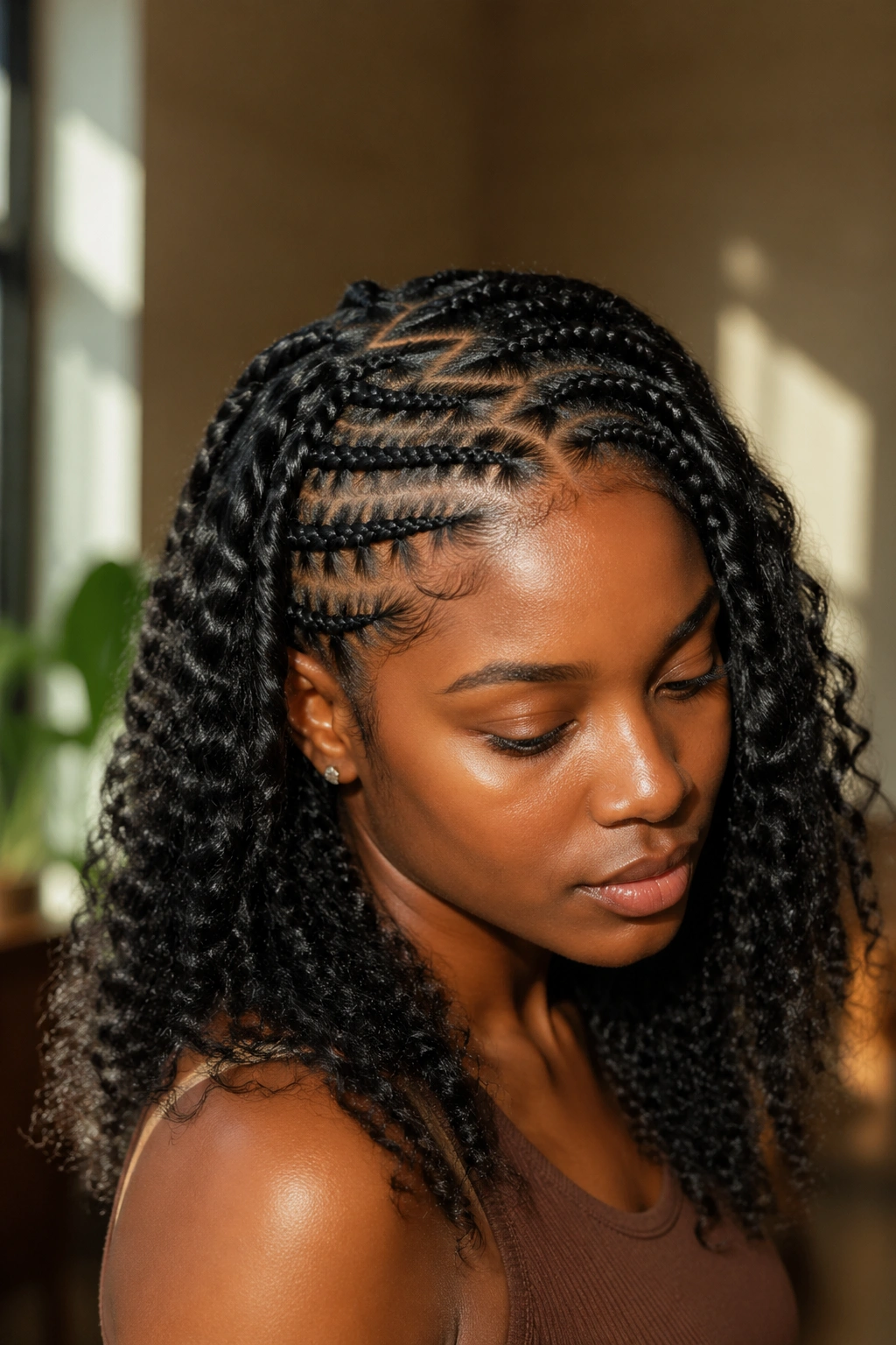 Close-up of a real person with zigzag cornrows and defined curls
