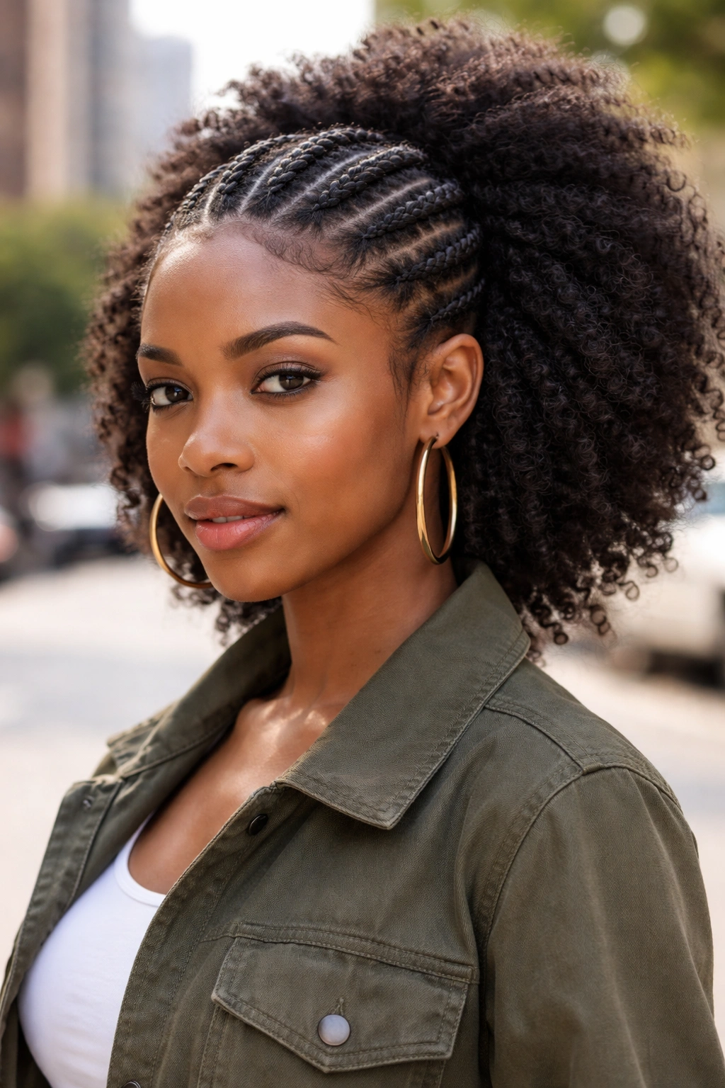 Portrait of woman with cornrows in front and afro back.