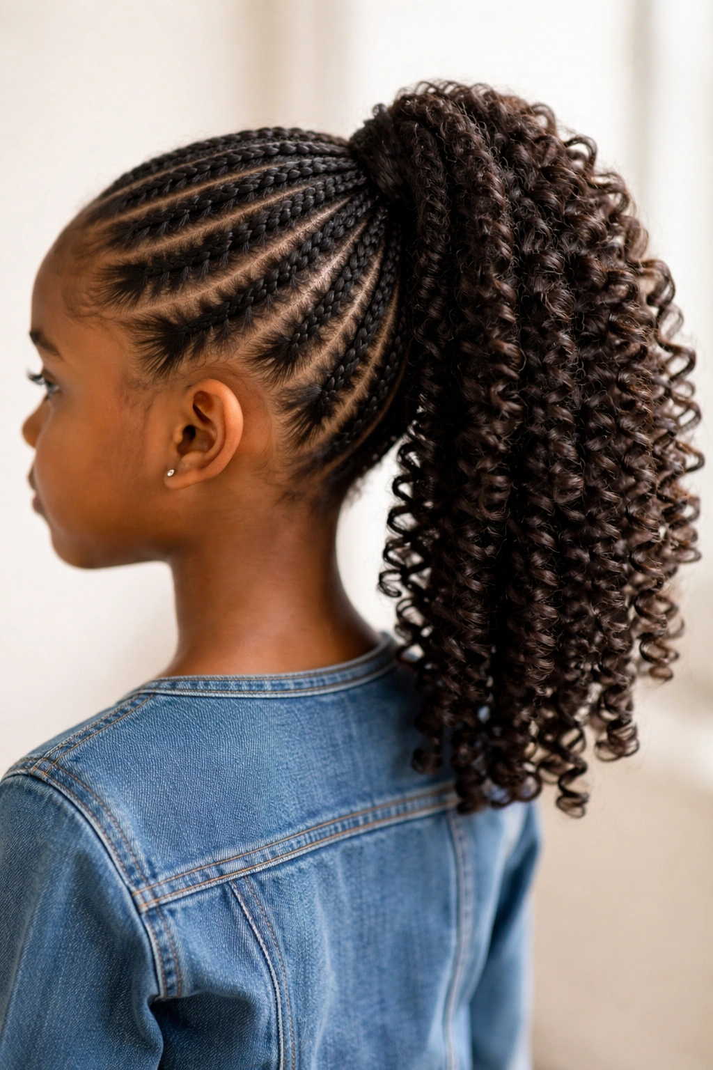 Close-up of cornrows feeding into a high ponytail with tightly coiled ends