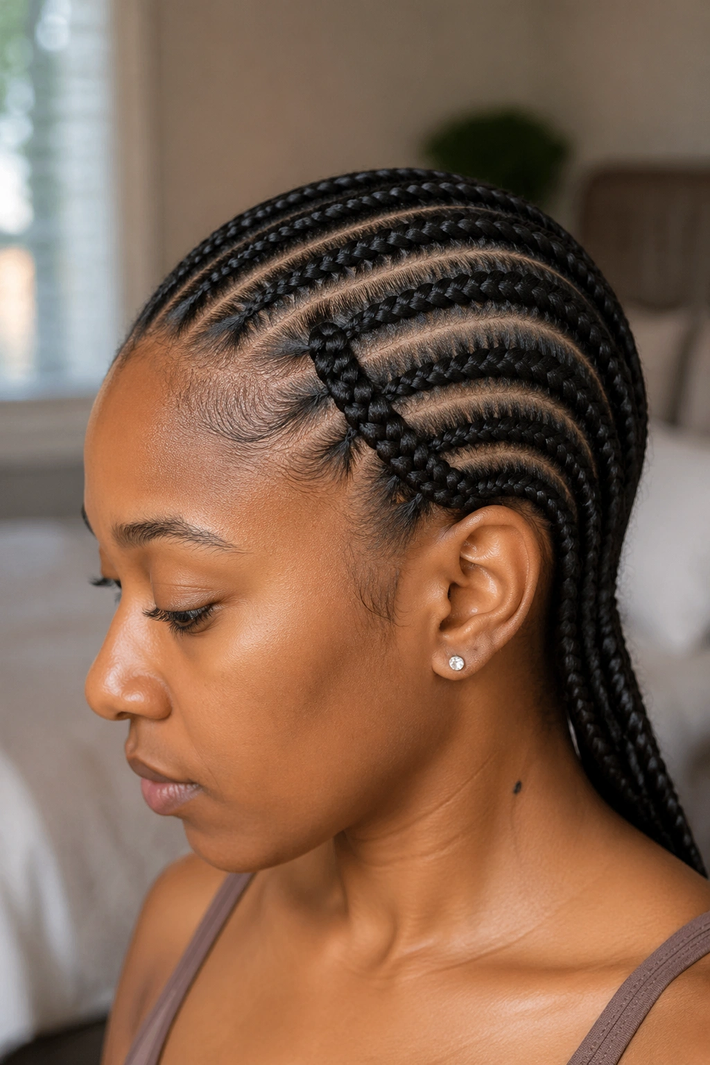 Portrait of cornrows with one accent thicker braid at the temple