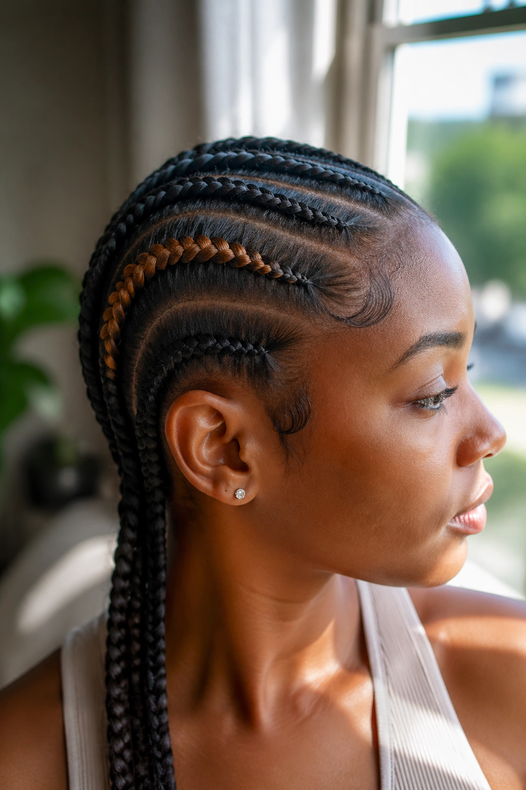Close-up of a real person with one accent braid among cornrows