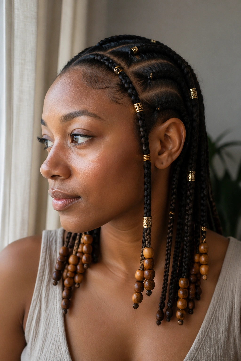 Real woman with lightweight wooden beads and cuffs in cornrows.