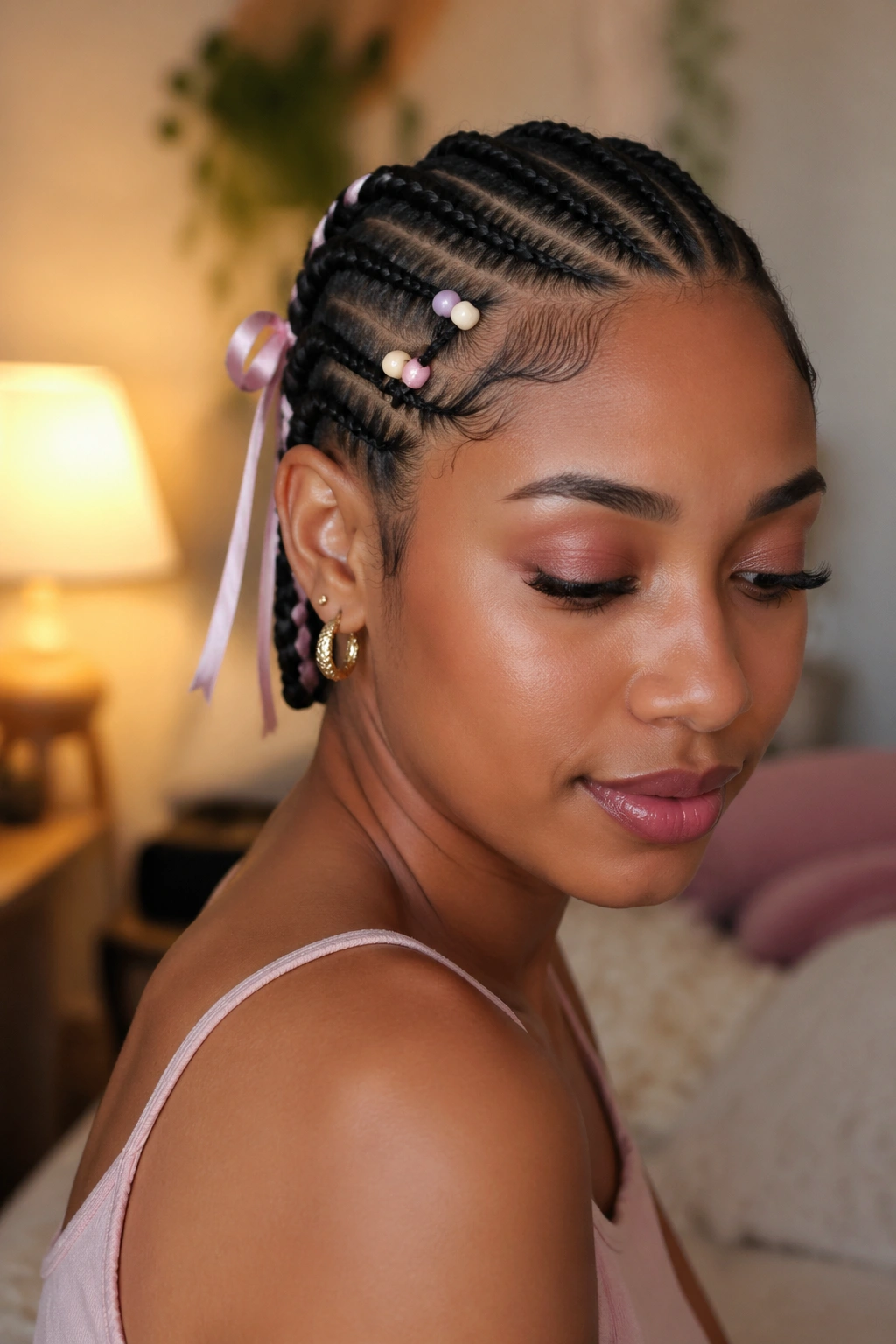 Real person with cornrows accented by beads and a ribbon