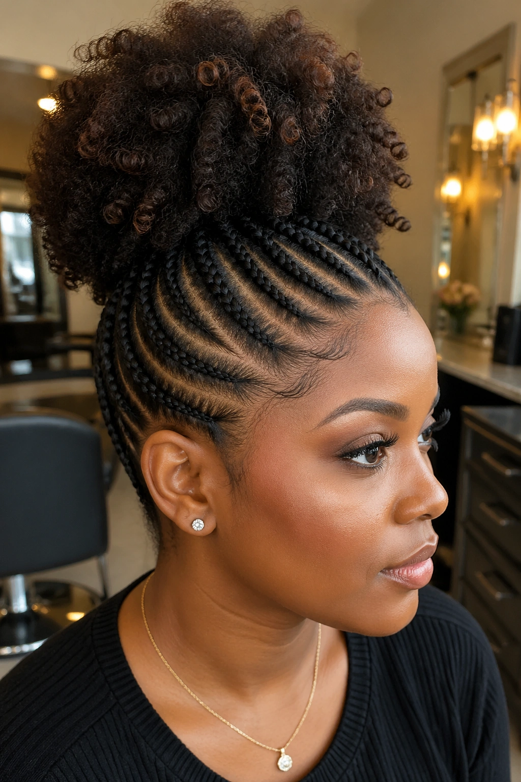 Close-up of a real woman with cornrows surrounding a free crown puff