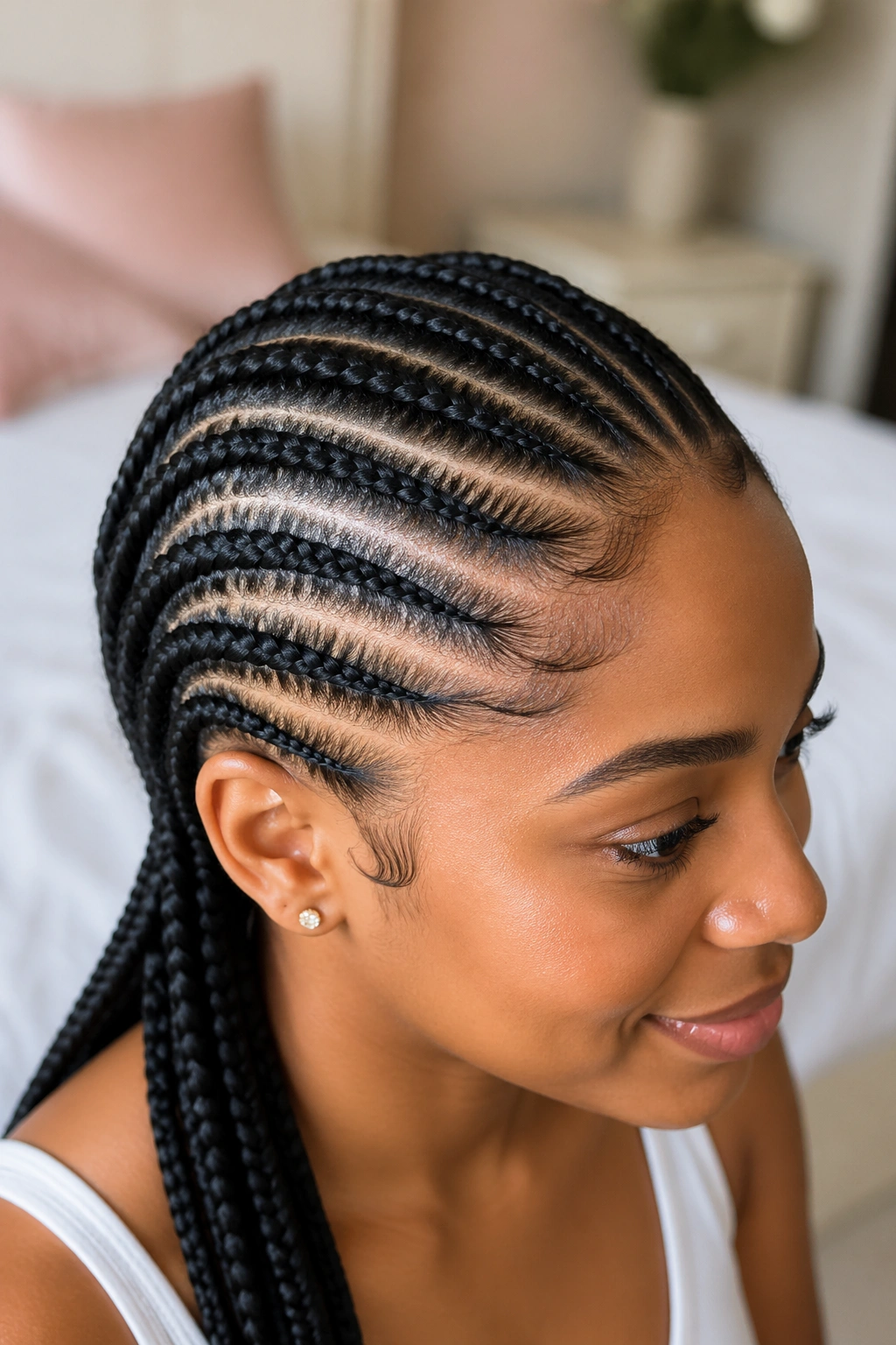 Close-up portrait of a real woman with cornrows on Afro-textured hair