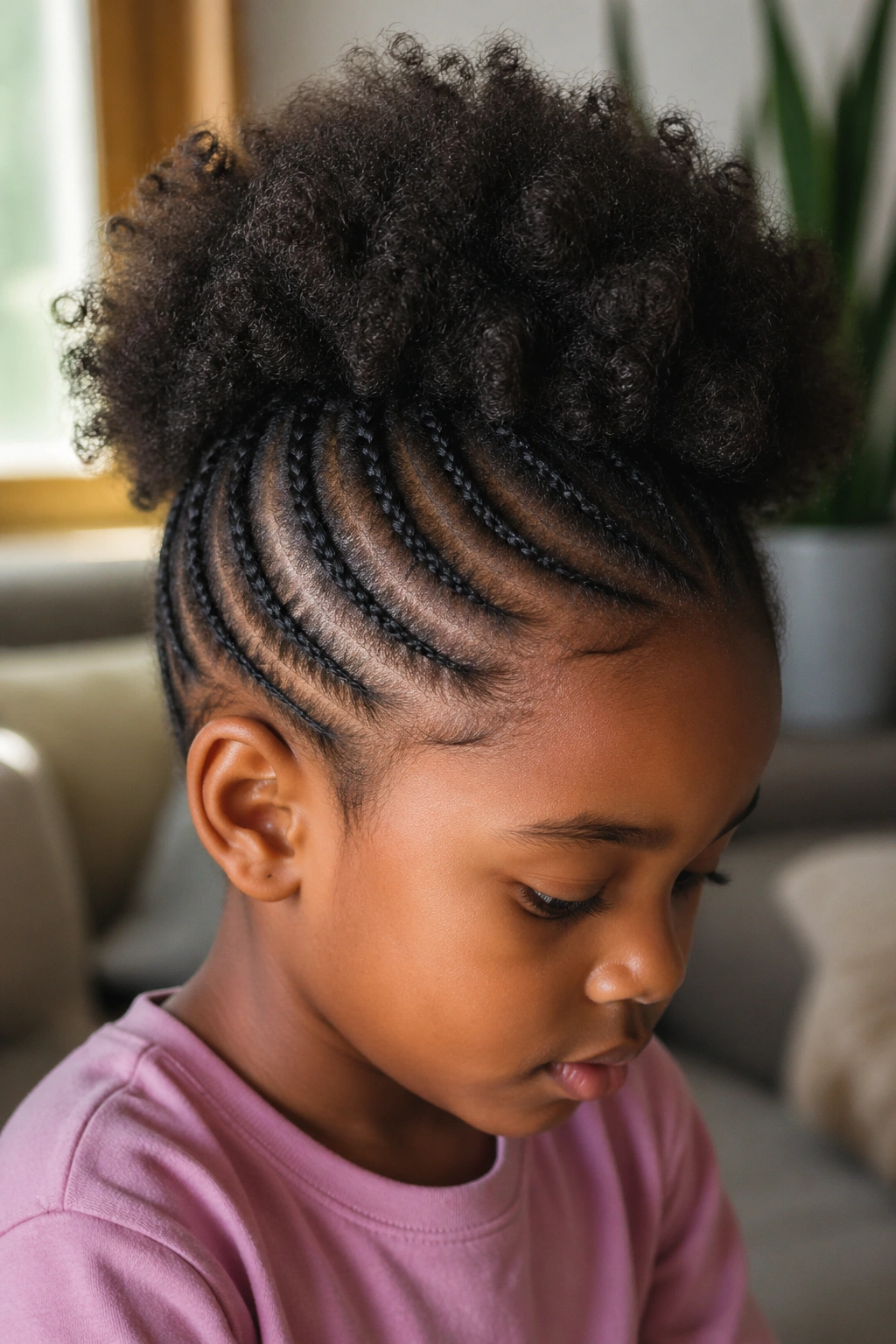 Close-up of a real child with side/back cornrows and a natural afro top