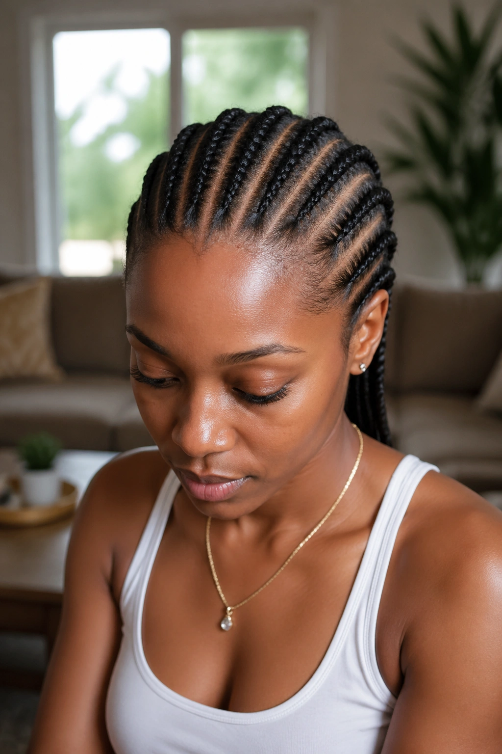 Close-up of a real Black woman with ten medium all-back cornrows in natural window light