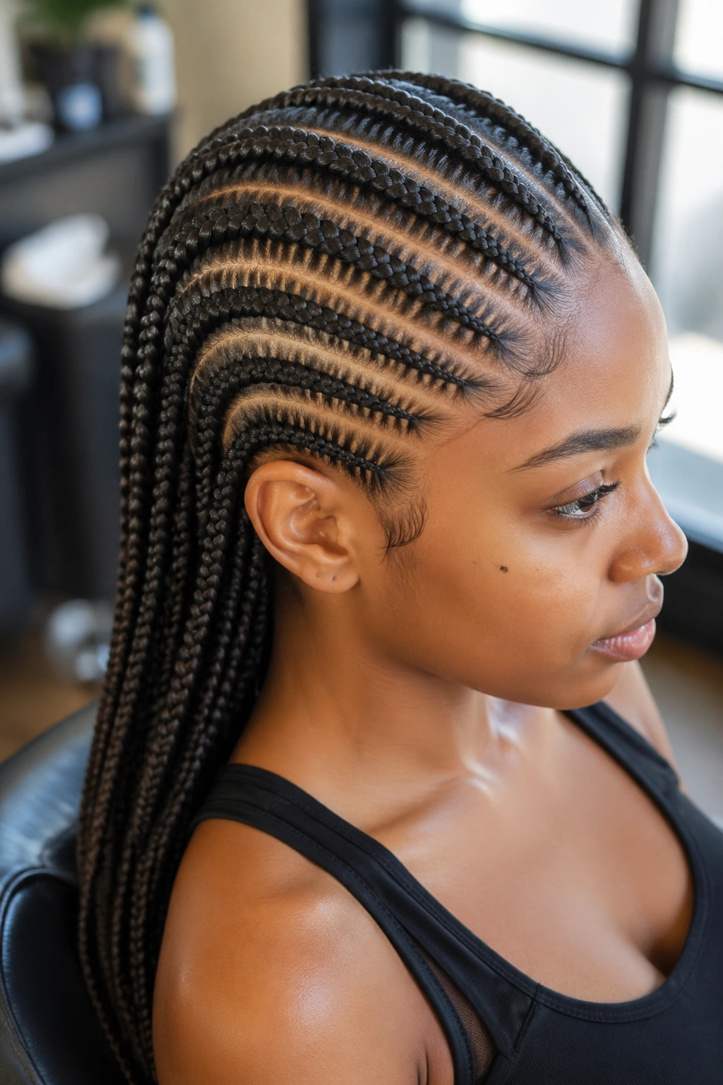 Close-up of ten cornrows with alternating widths on a real person.