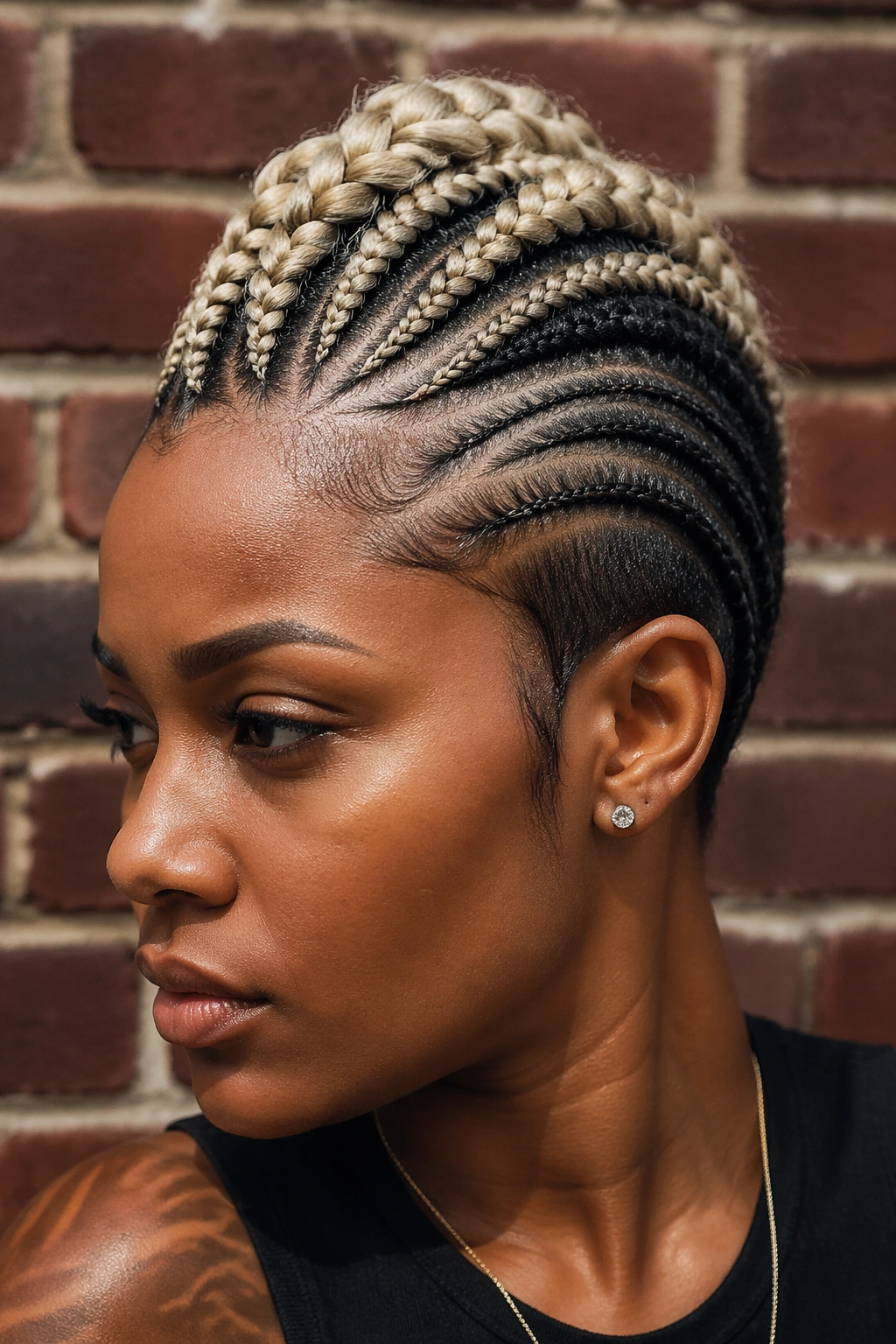 Close-up of a real person with ash blonde Mohawk cornrows and dark sides