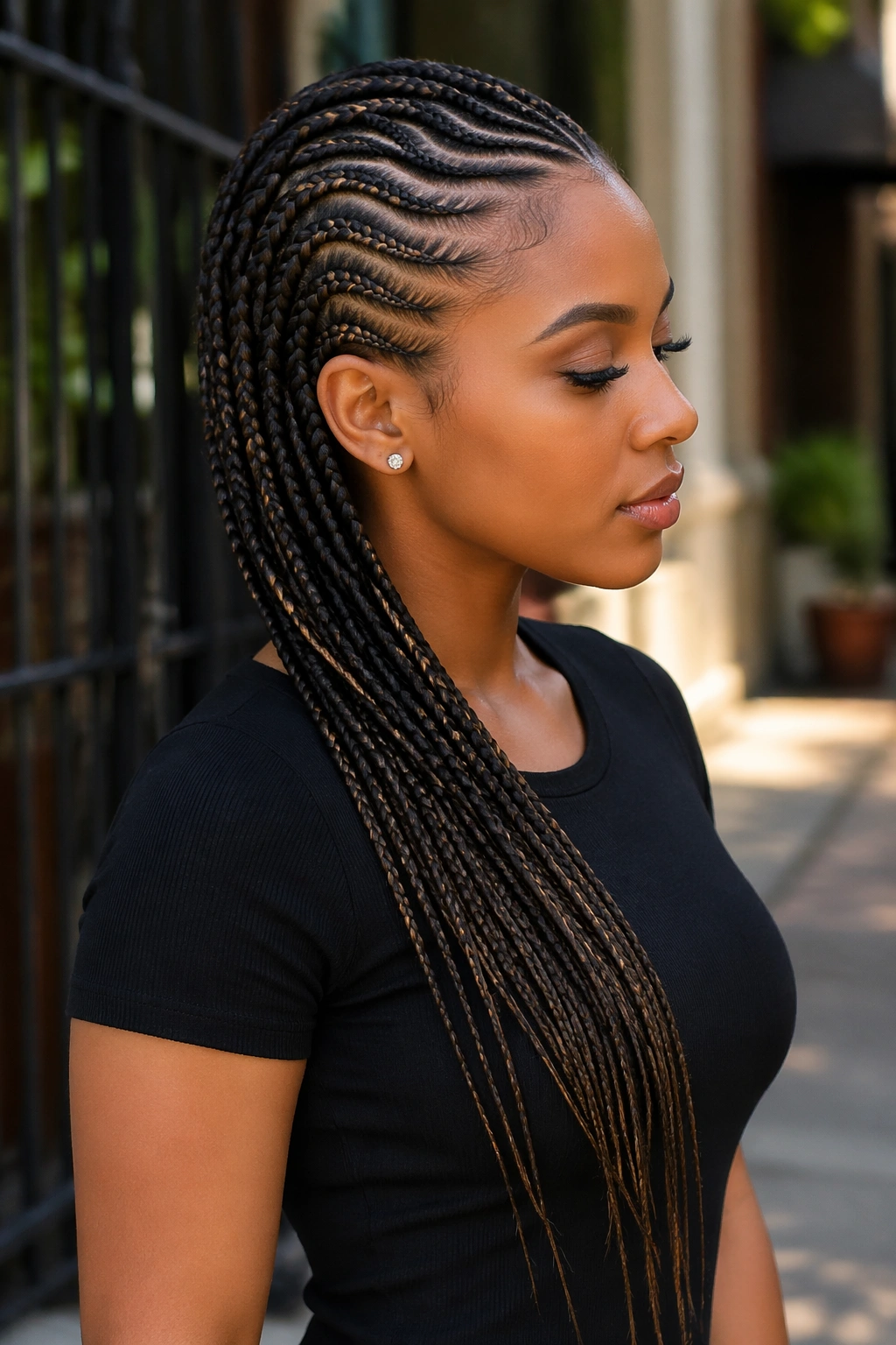 Side-profile portrait of asymmetrically gathered cornrows cascading to one shoulder