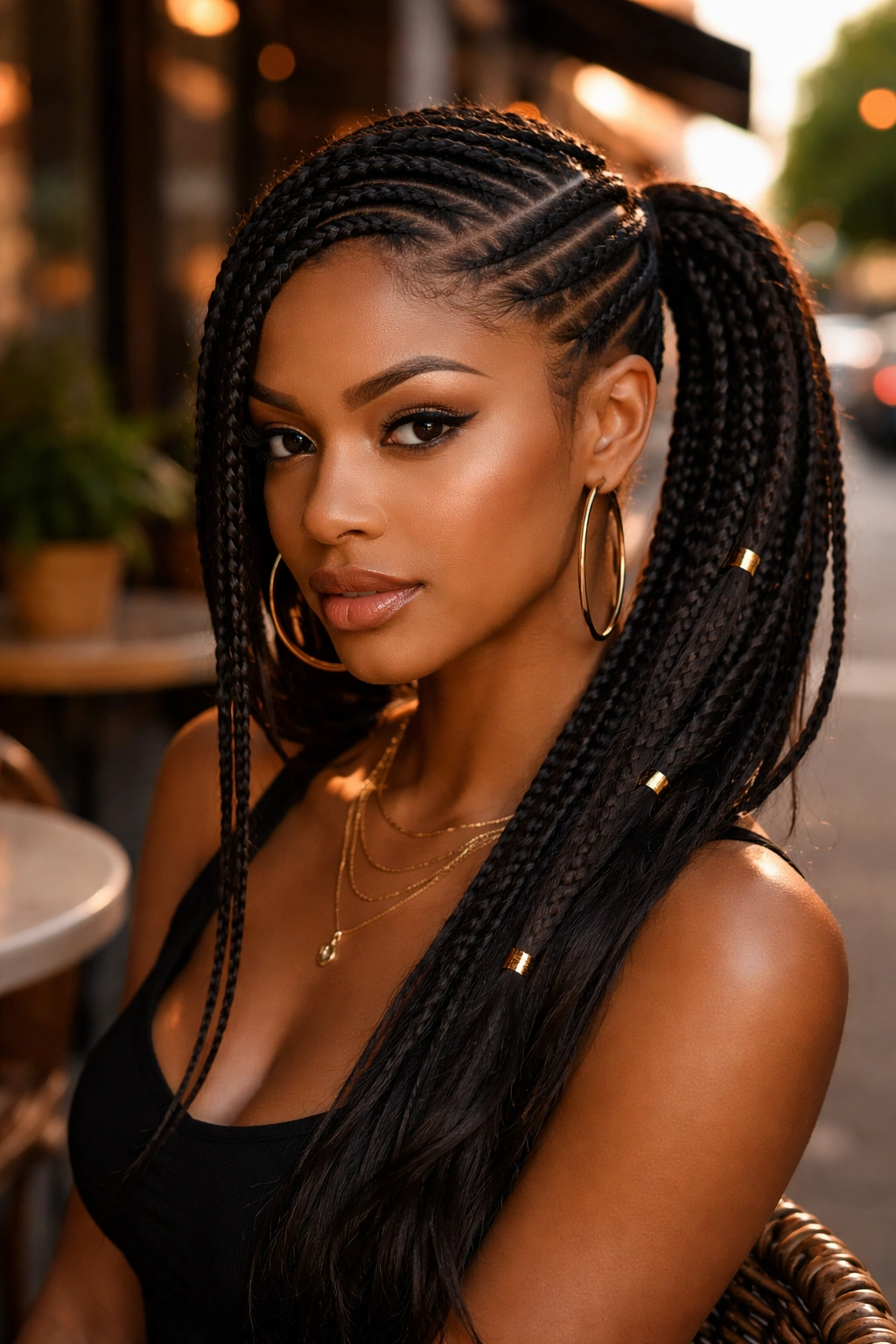 Portrait of a woman with diagonal cornrows and side-swept cornrow pigtails outdoors