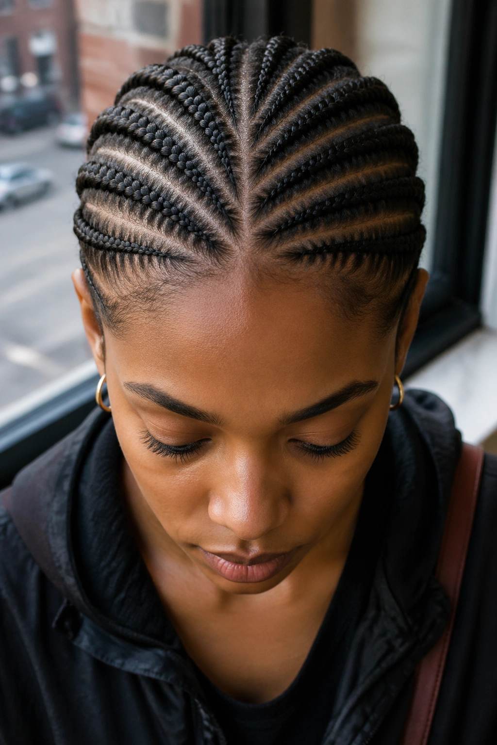 Real person head with asymmetric cornrow pattern left and right