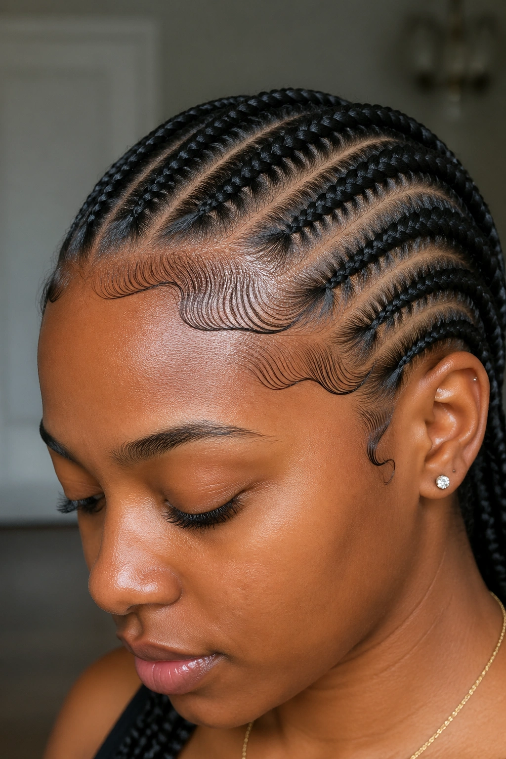 Portrait showing cornrows with neatly styled baby hairs along the hairline