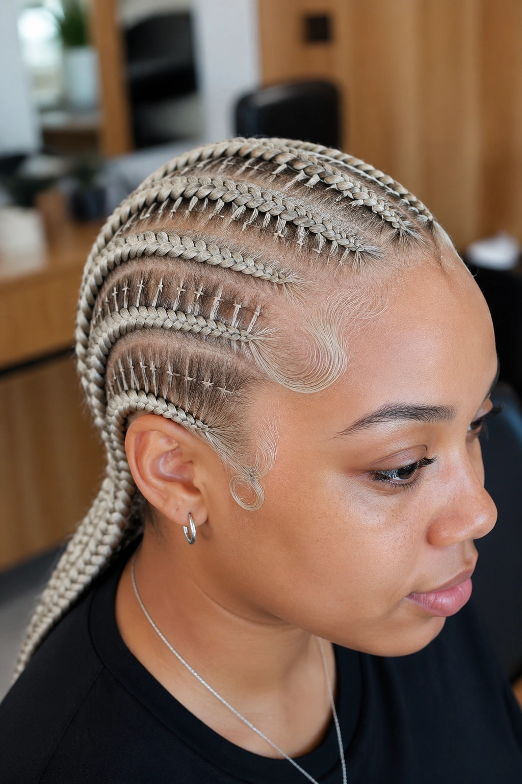 Ultra-close portrait of stitch cornrows with scattered baby stitches in silver blonde