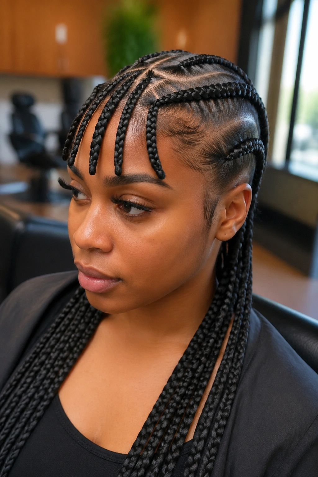 Close-up of a real woman with criss cross cornrow bangs and four back cornrows in a warm salon.