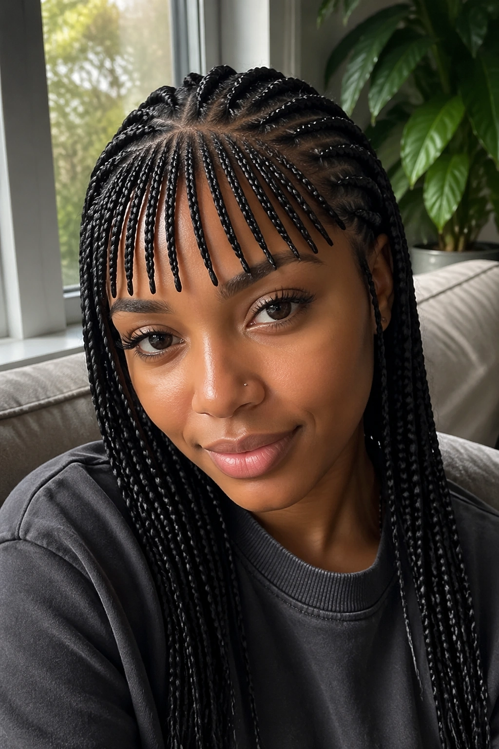Close-up of cornrows creating bangs along the hairline on a real person