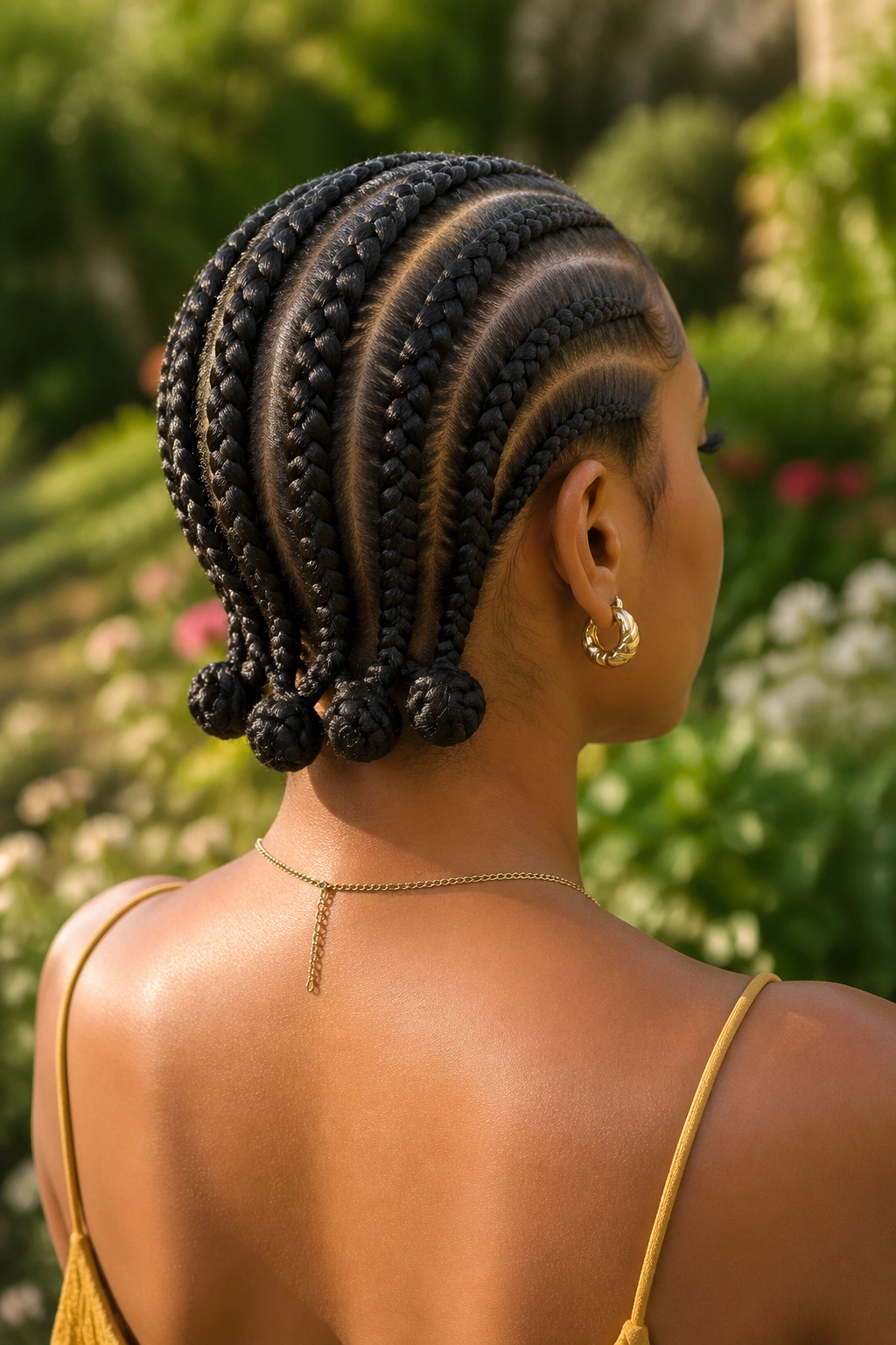 Back view of cornrows ending in Bantu knots at the nape