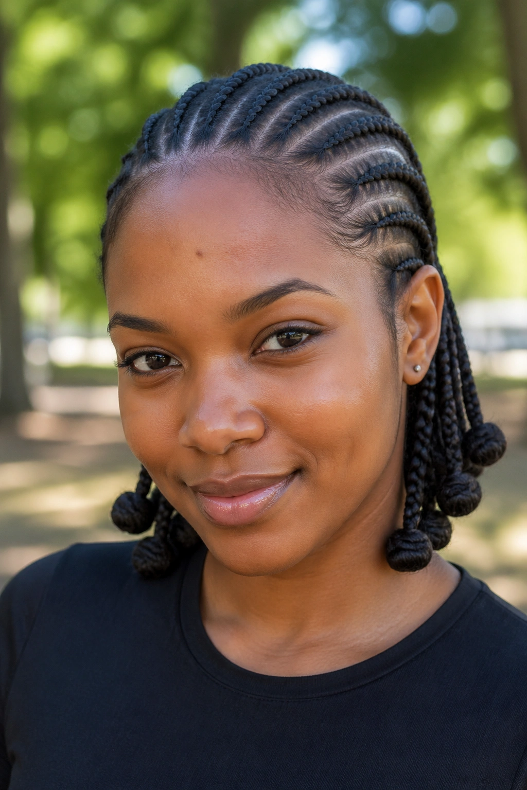 Close-up of a real woman with cornrows ending in bantu knots in a park setting