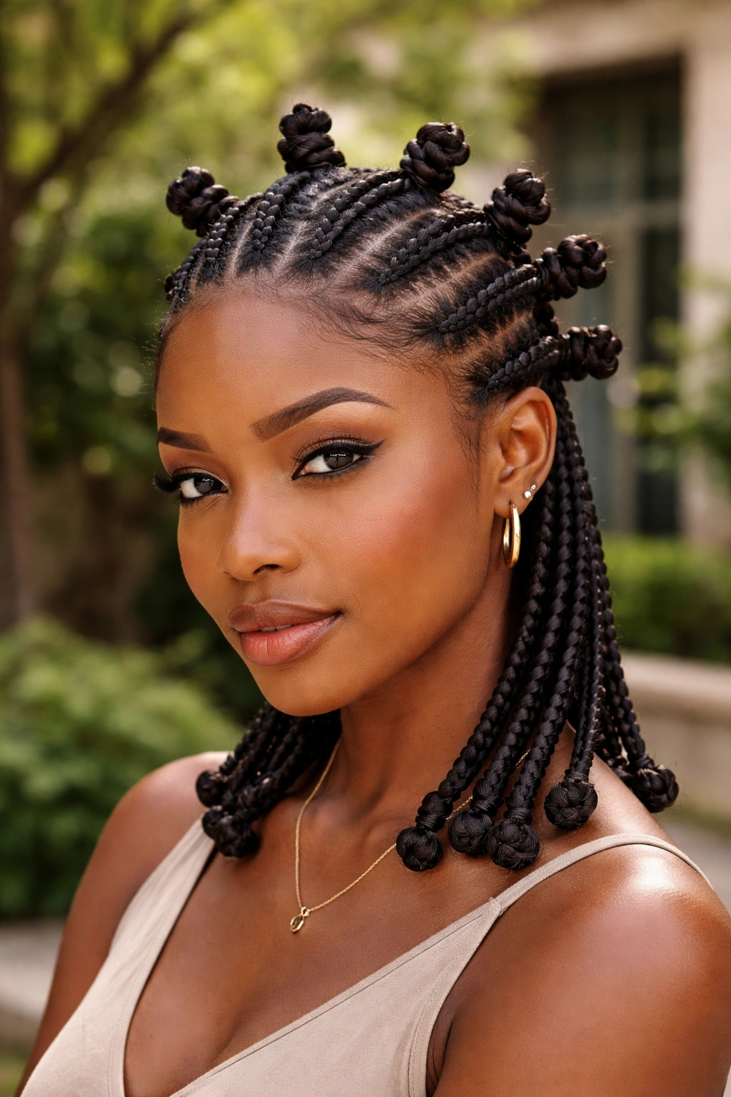 Close-up portrait of a real woman with cornrows ending in small Bantu knots secured with elastics.