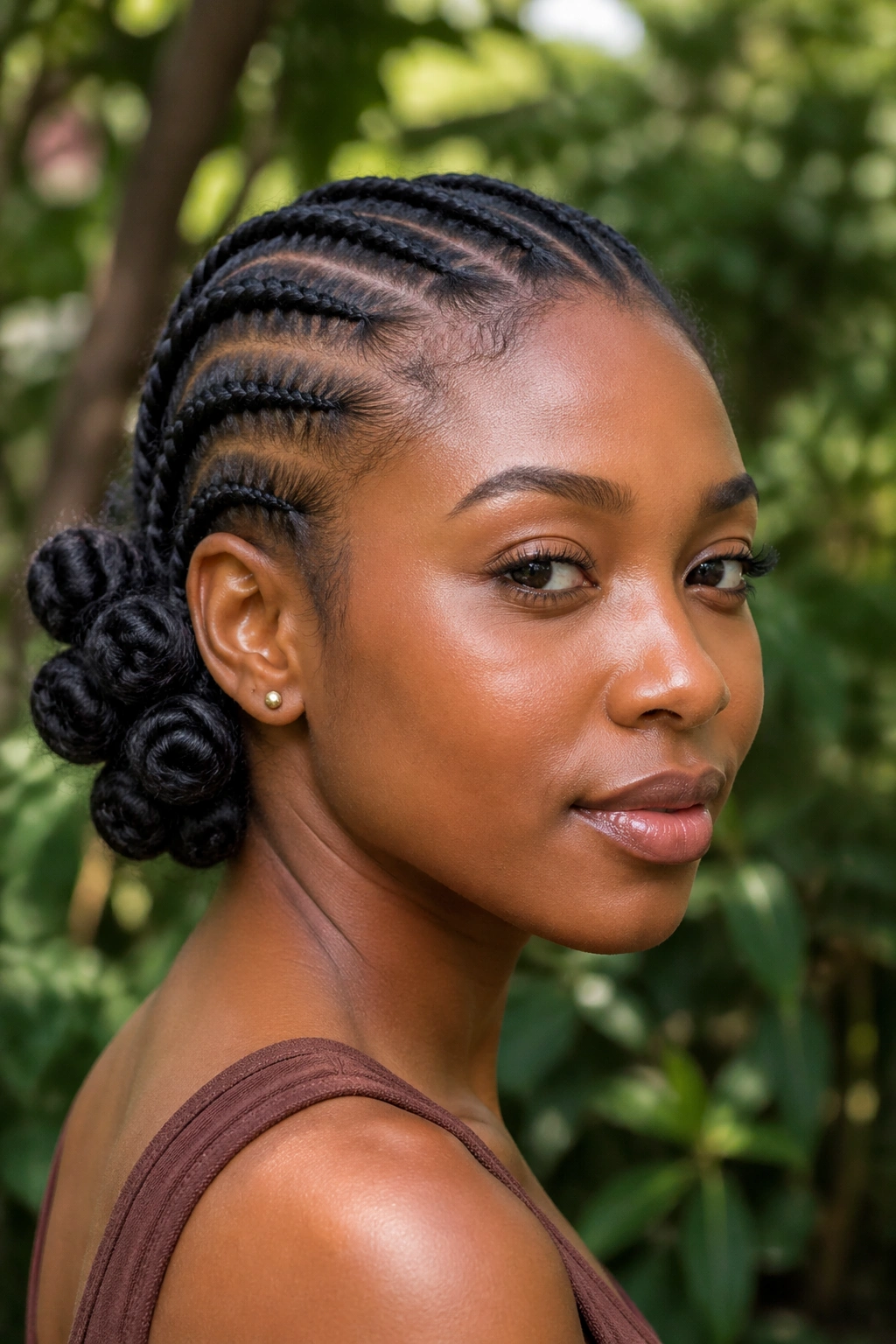 Real woman with half cornrows and bantu knots in the loose section.