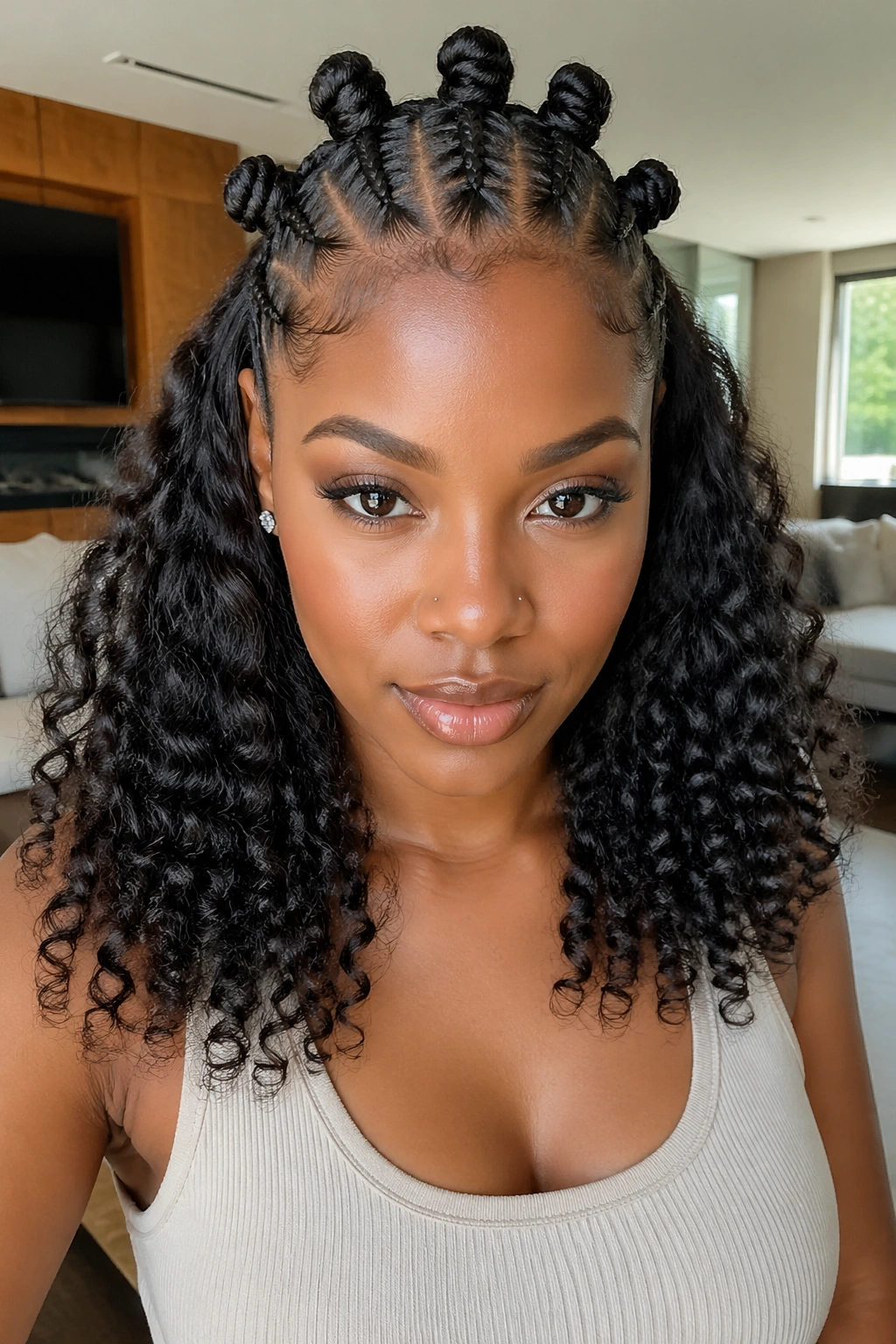 Portrait of a woman with bantu knots on top and loose curls below.