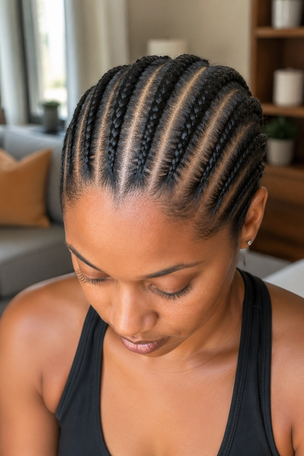 Close-up of neat cornrows on a real person with visible scalp