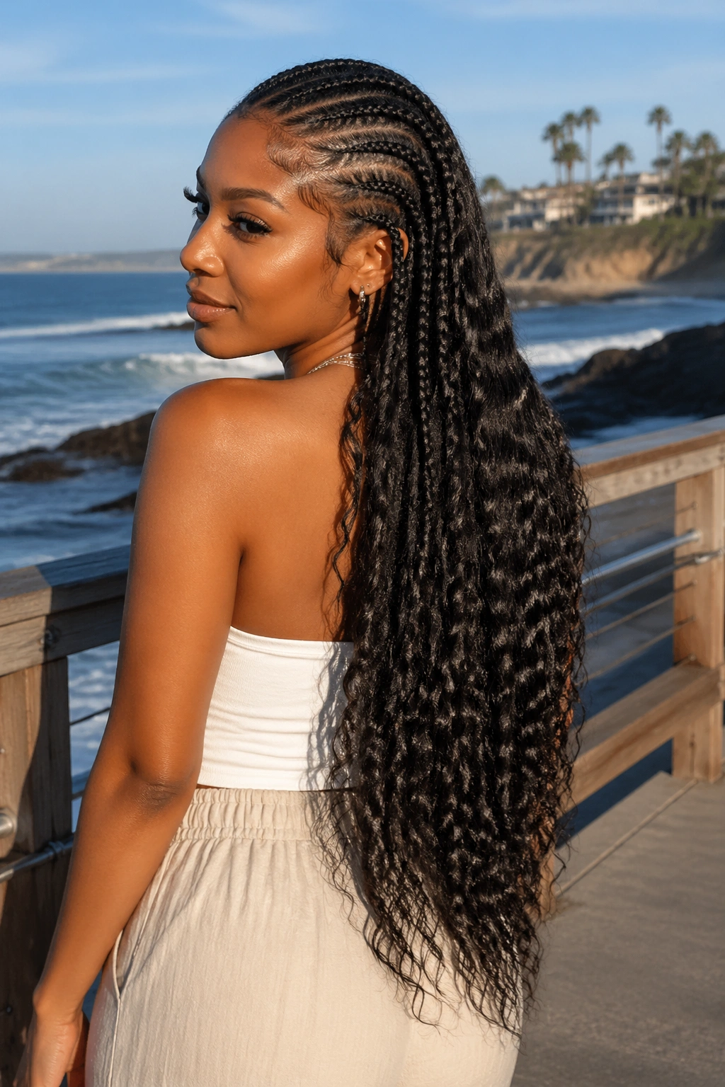 Portrait of a real woman with waist-length cornrows and loose beach waves.