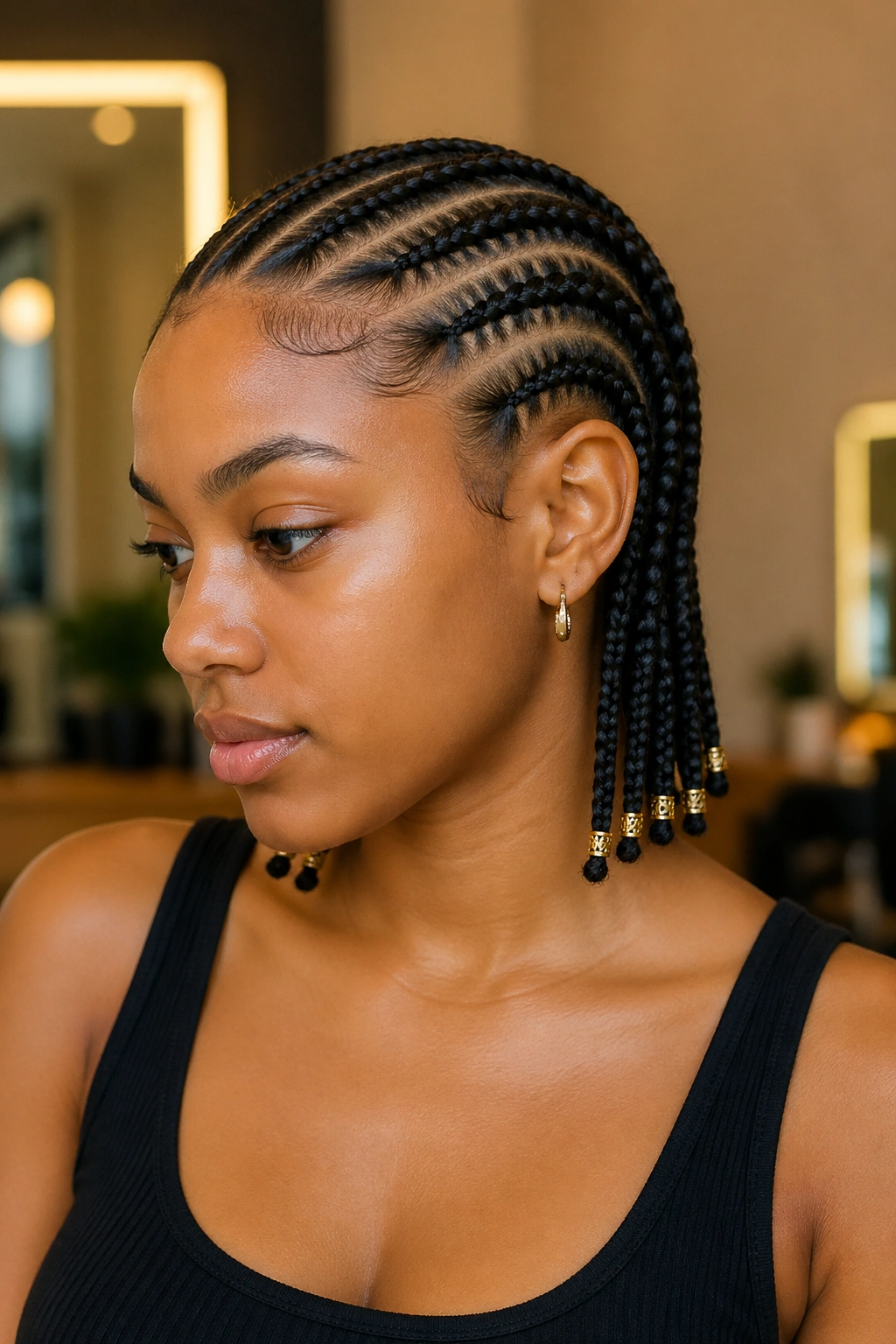 Close-up of cornrows ending in a single gold bead on a real person