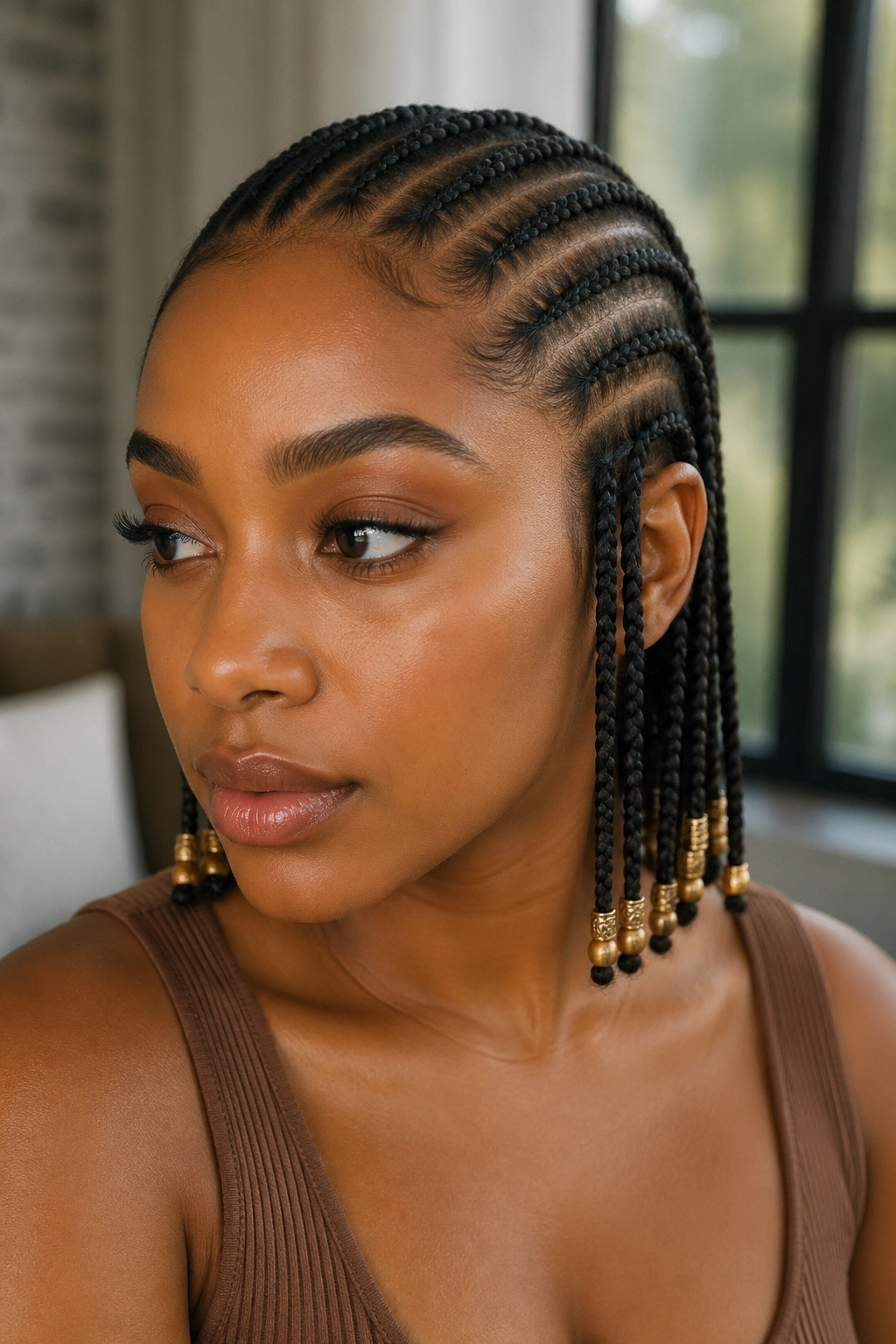 Close-up of cornrows ending in beads on a real woman's head