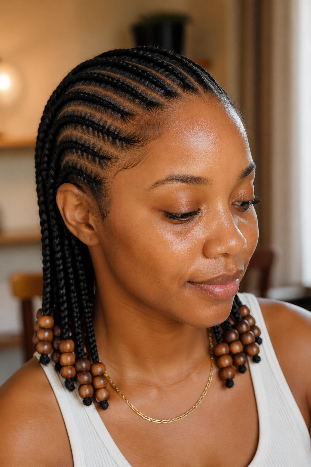 Close-up of a real person with beaded ends on cornrows
