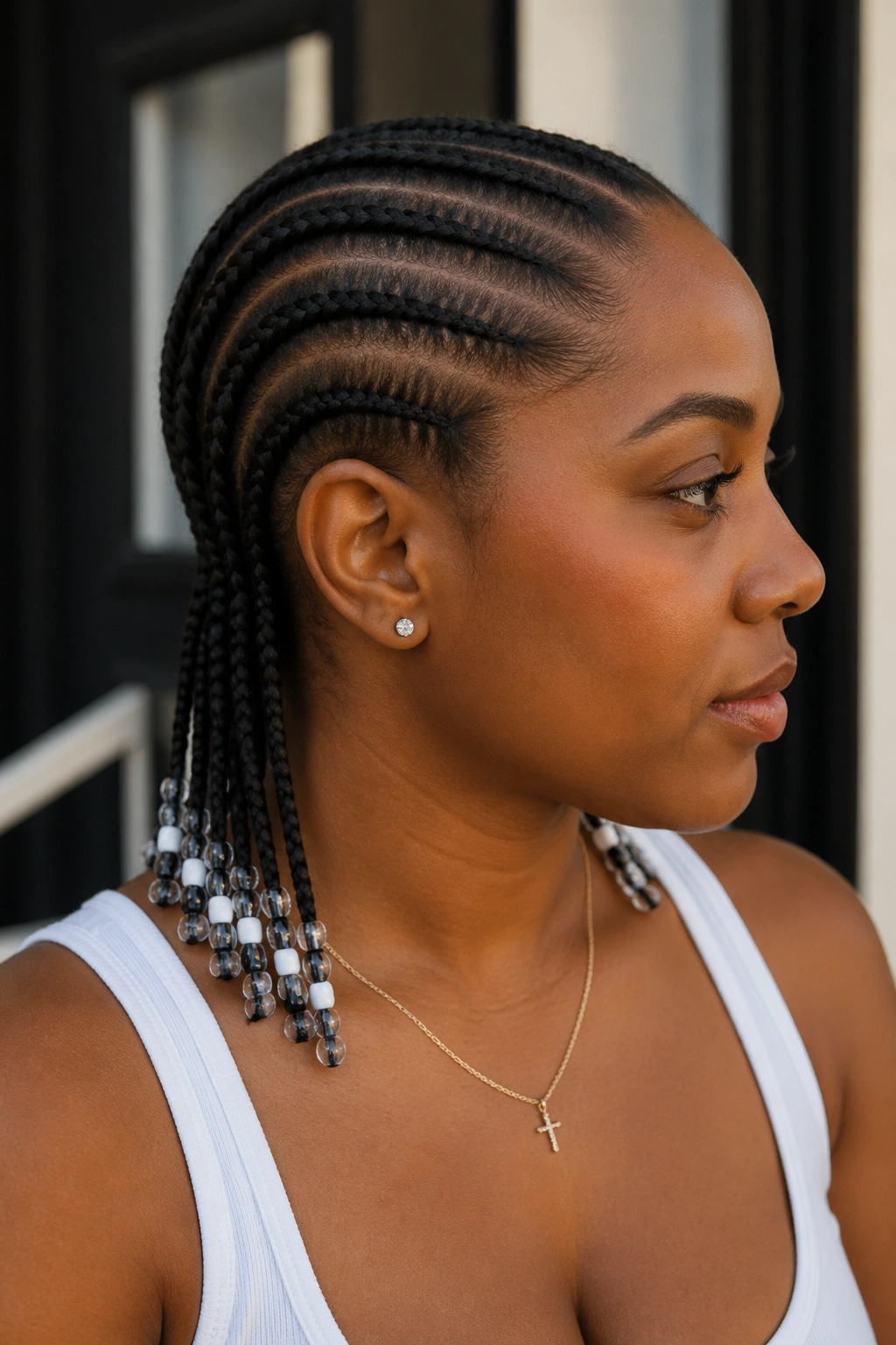 Close-up of a real woman with straight-back cornrows and beaded ends
