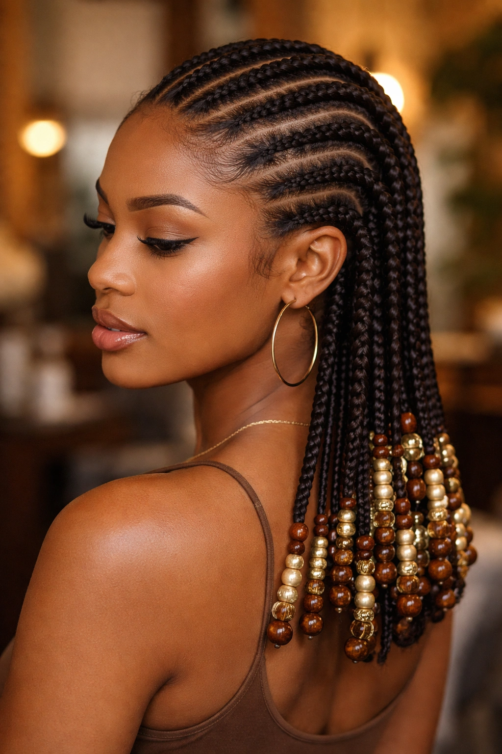 Close-up of cornrows with beaded ends on a real woman.