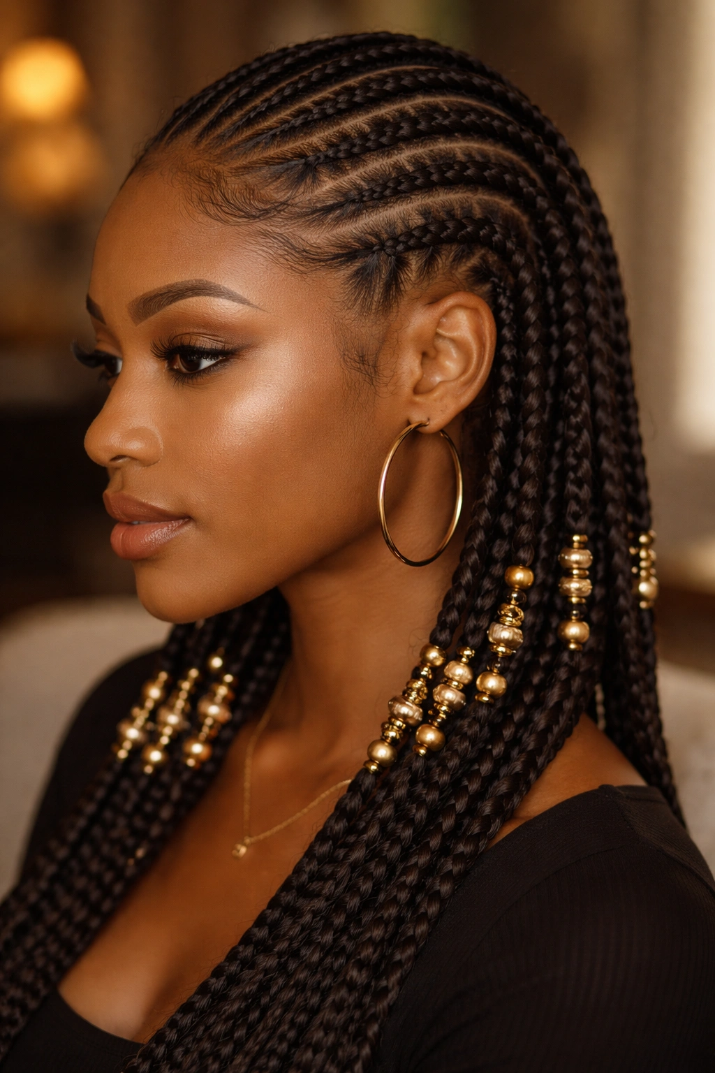 Close-up of real woman with mid-length beaded cornrows