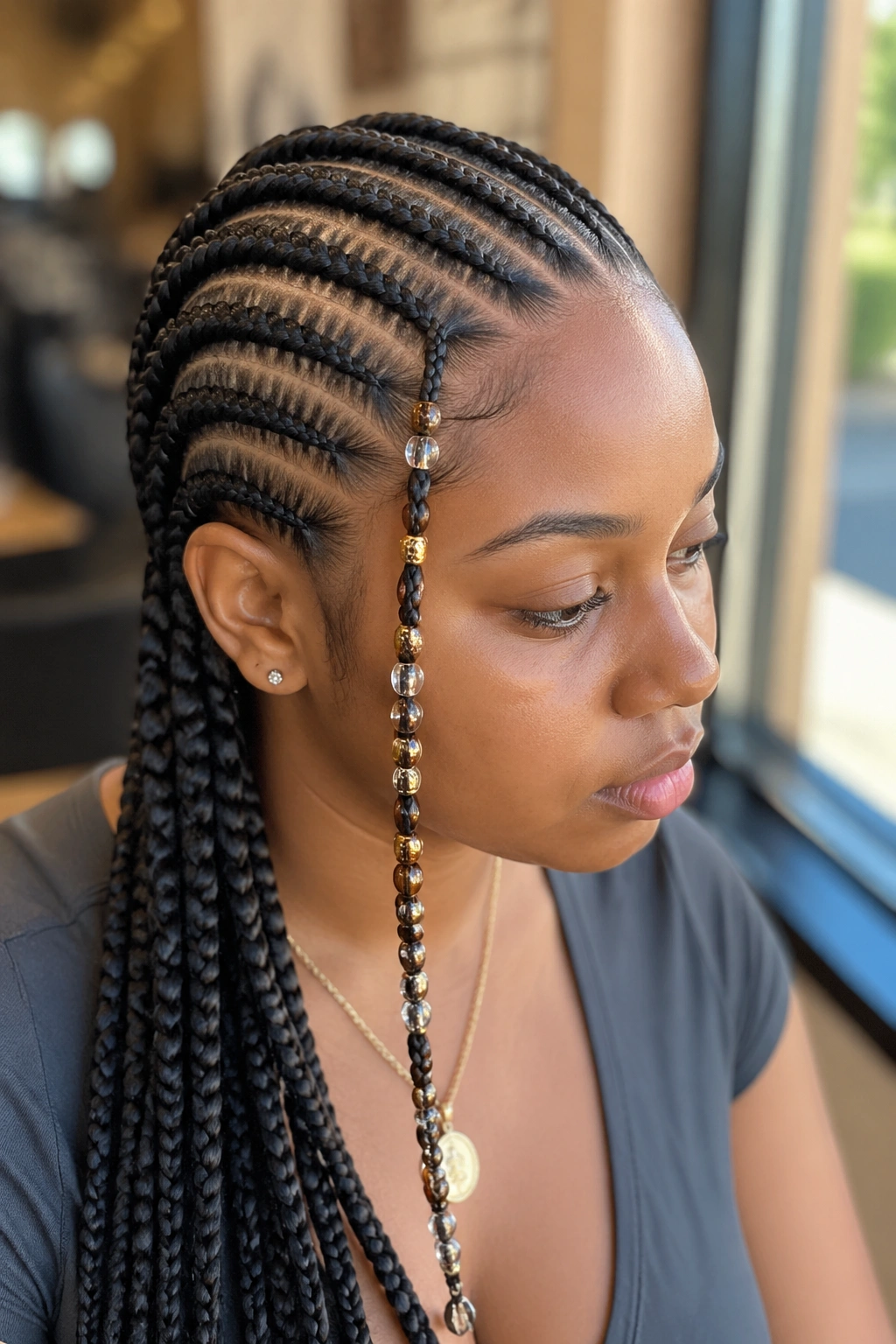 Close-up of a real person with long cornrows and a single beaded row framing the face.
