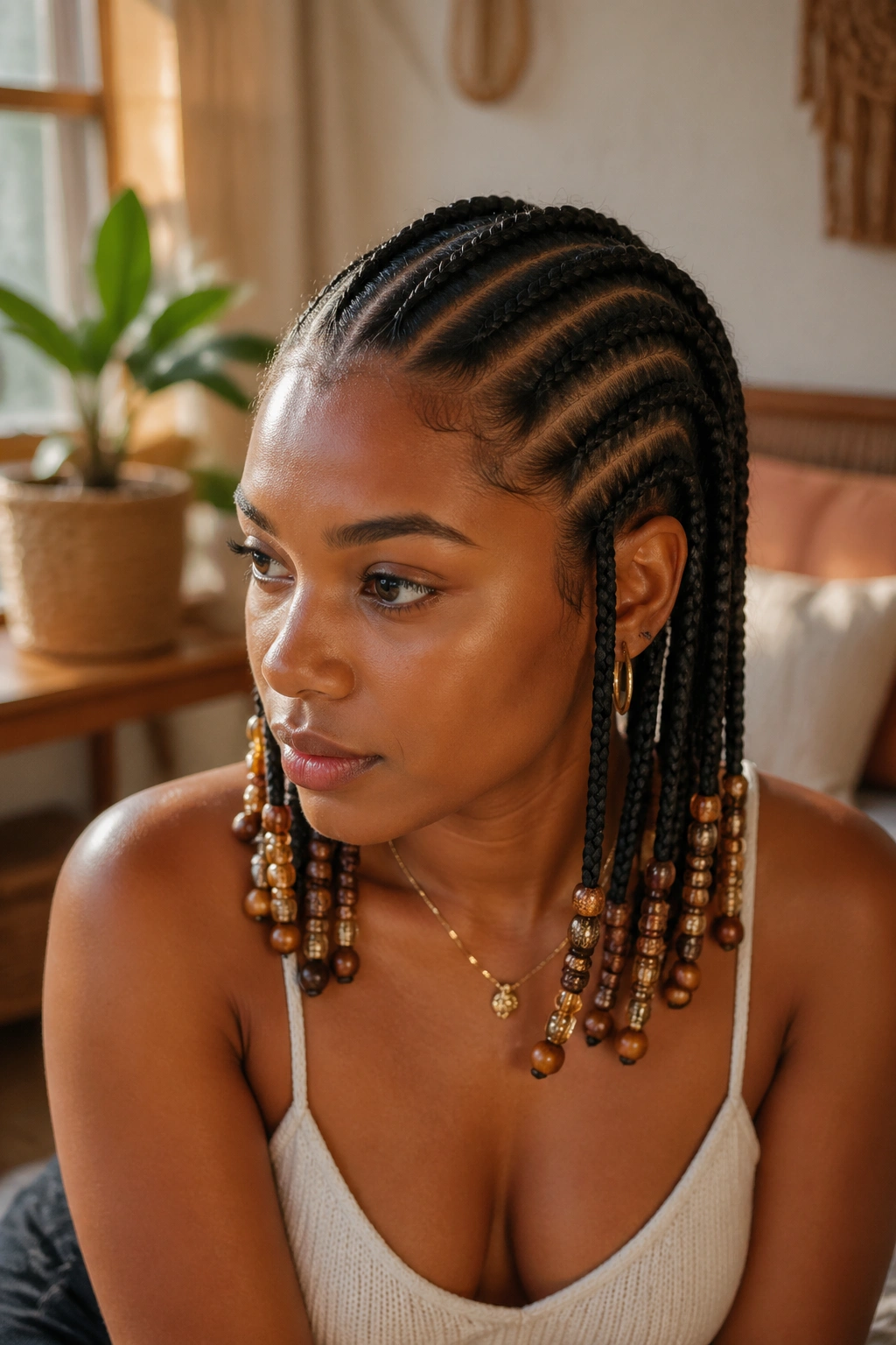 Eight beaded-tip cornrows on real person, portrait.
