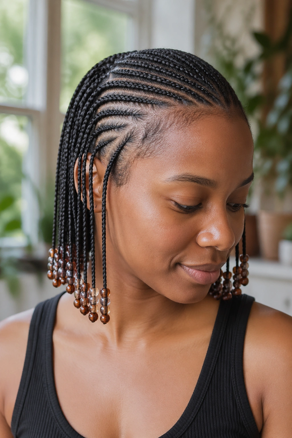 Close-up of small cornrows with beaded tips on a real person's head