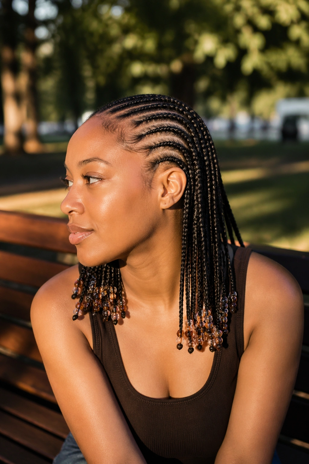 Close-up of small cornrows ending in beads on a real person.