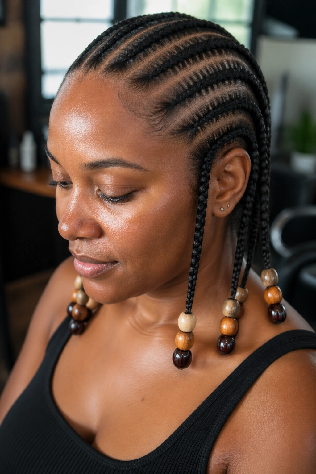 Close-up of real woman with straight-back cornrows ending in three-bead stacks